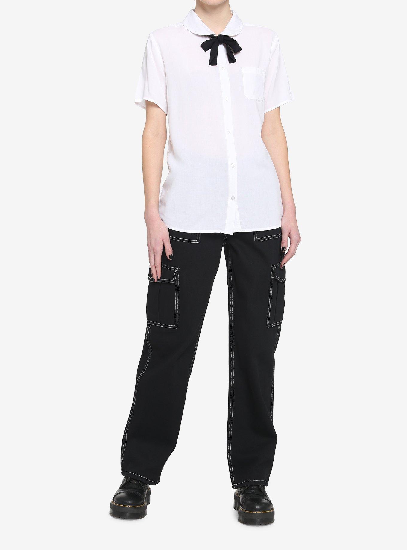 White Black Bow Girls Resort Woven Button-Up, BLACK, alternate
