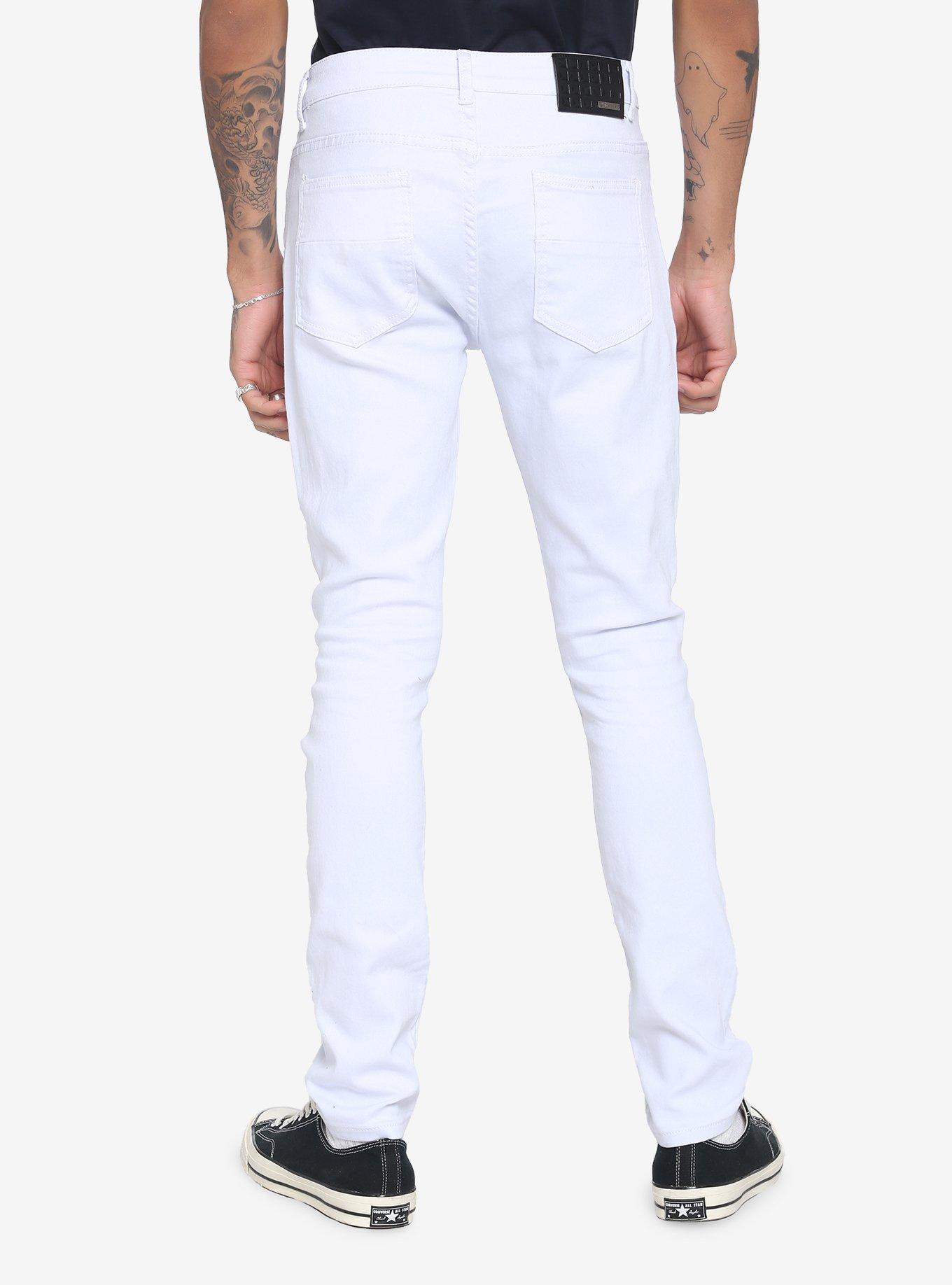 White Destroyed Denim Jeans, BLACK  IVORY, alternate
