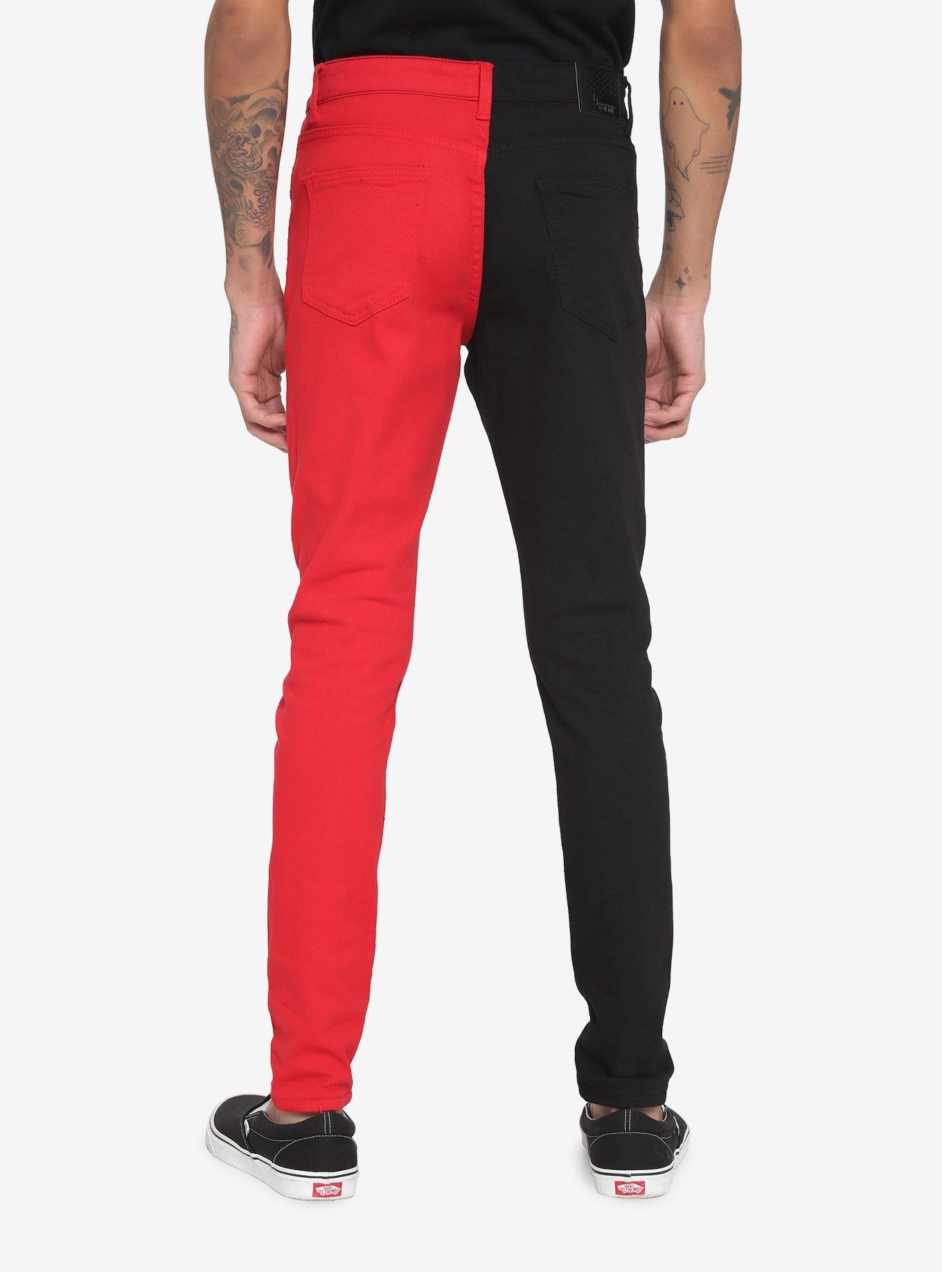 Red & Black Distressed Split-Leg Skinny Jeans, BLACK  RED, alternate