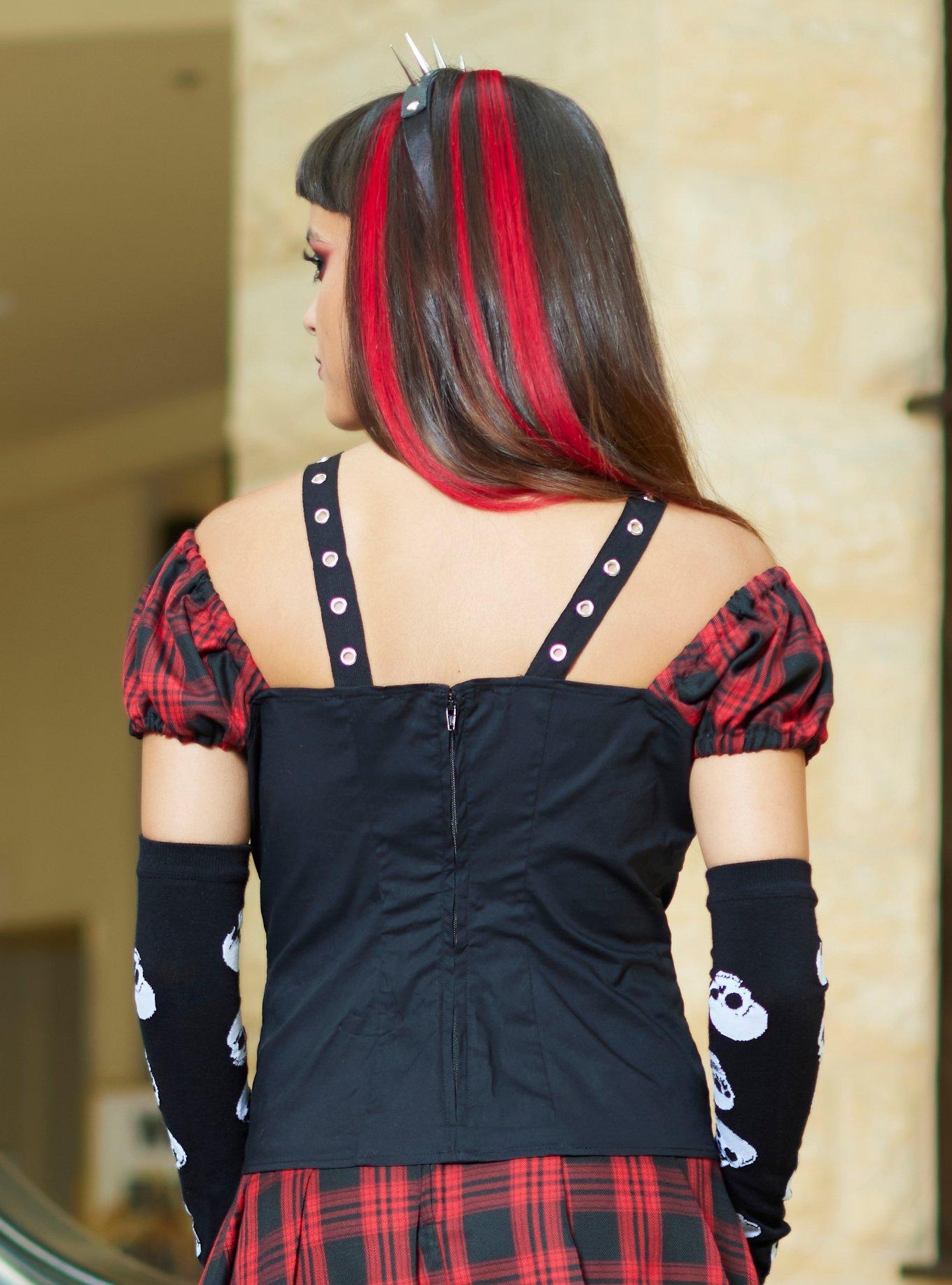 Black & Red Plaid Girls Woven Lace-Up Top, PLAID - RED, alternate