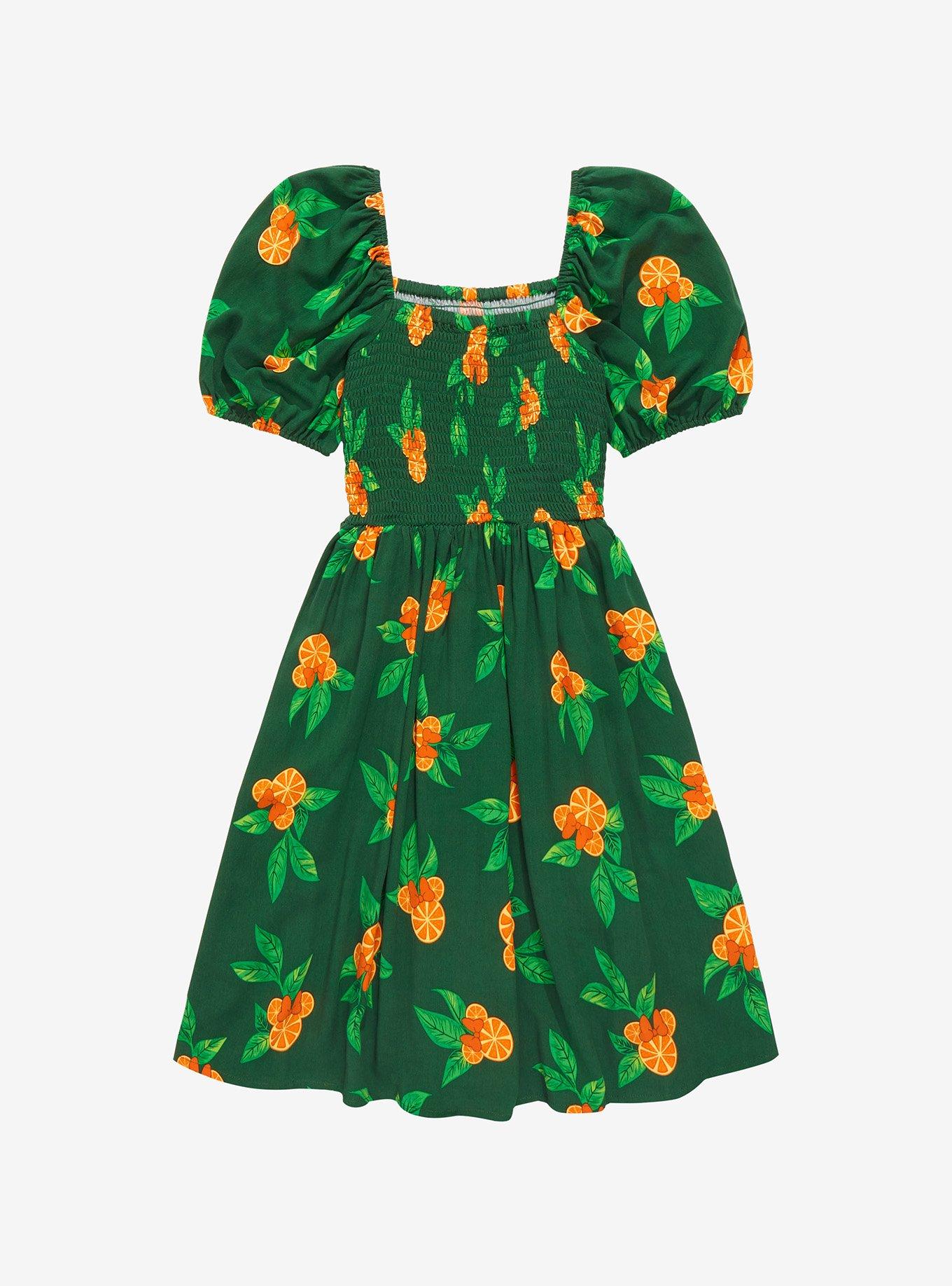 Her Universe Disney Minnie Mouse Orange Allover Print Smocked Dress - BoxLunch Exclusive, GREEN, alternate