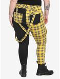 Black & Yellow Plaid Split Suspender Skinny Jeans Plus Size, BLACK, alternate