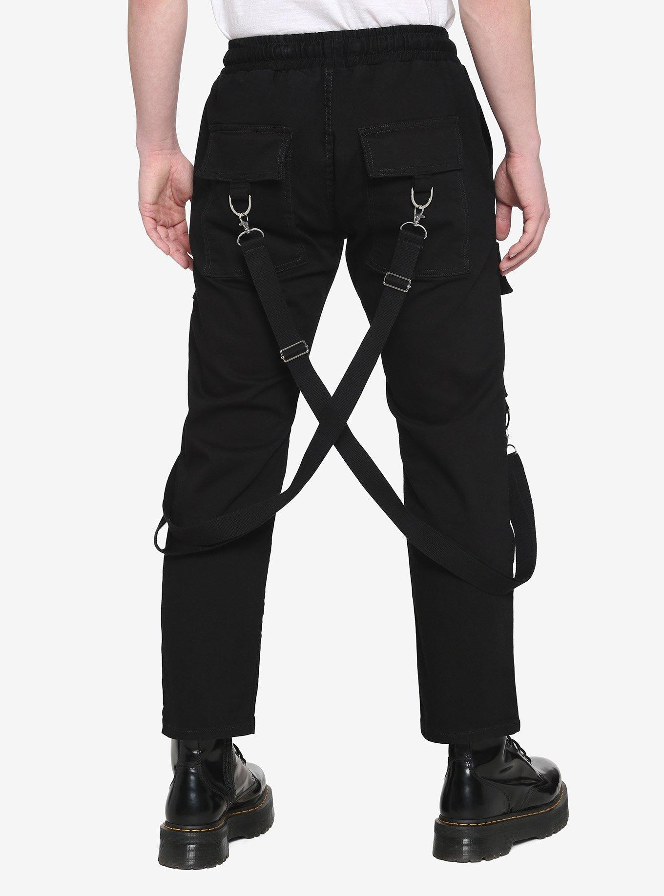 Black Suspender Wide Leg Cargo Pants, BLACK, alternate