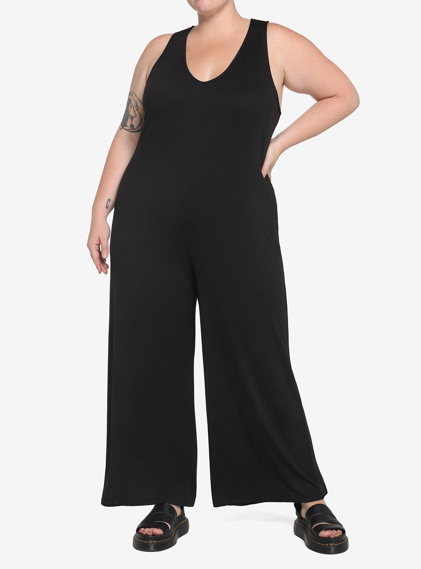 Black V-Neck Jumpsuit Plus Size, BLACK, alternate