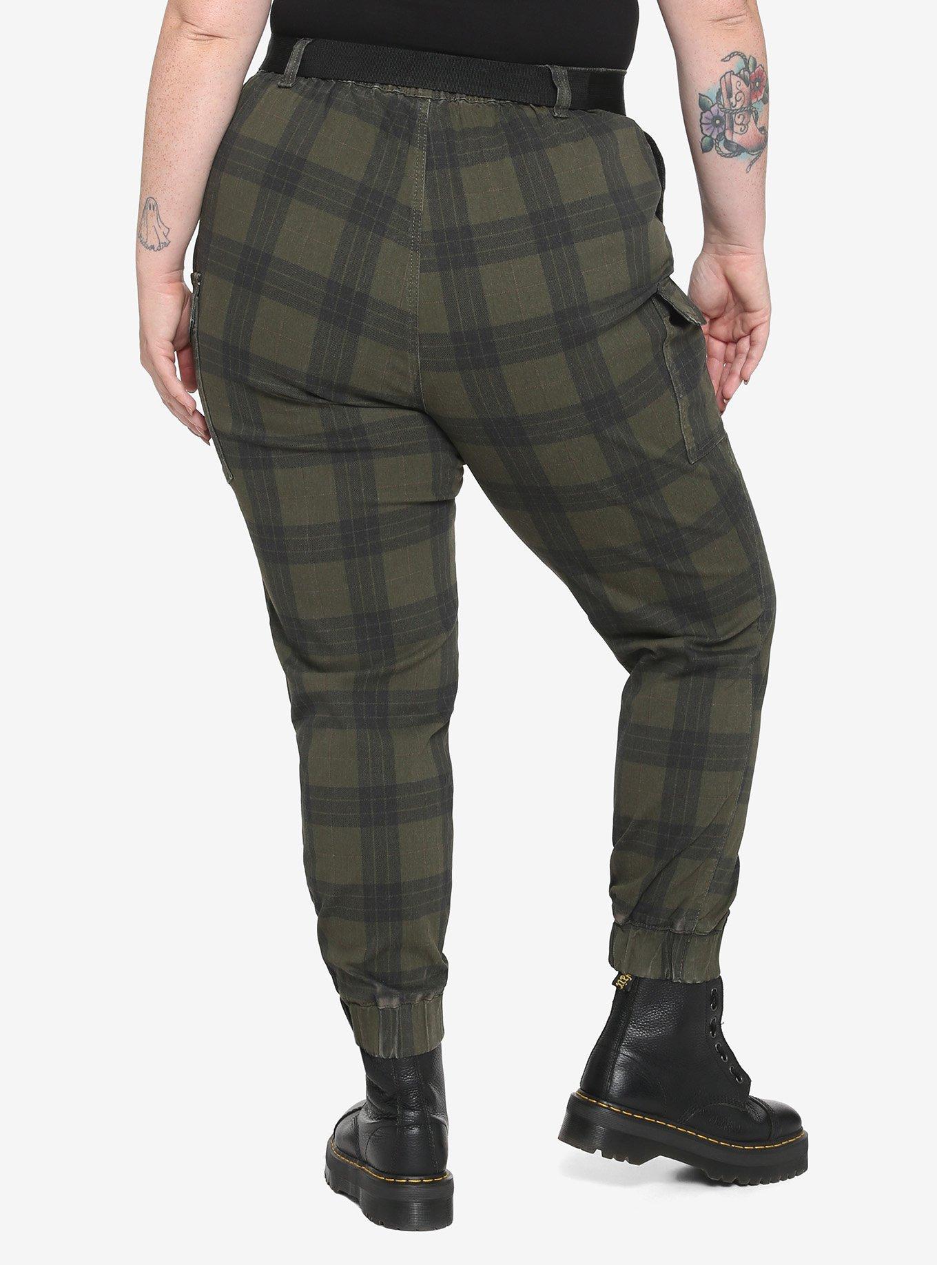 Green Plaid Cargo Jogger Pants With Buckle Belt Plus Size, BLACK, alternate
