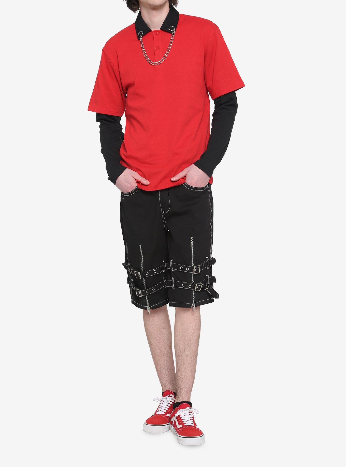 Red & Black Chain Collar Twofer Long-Sleeve Shirt, BLACK  RED, alternate