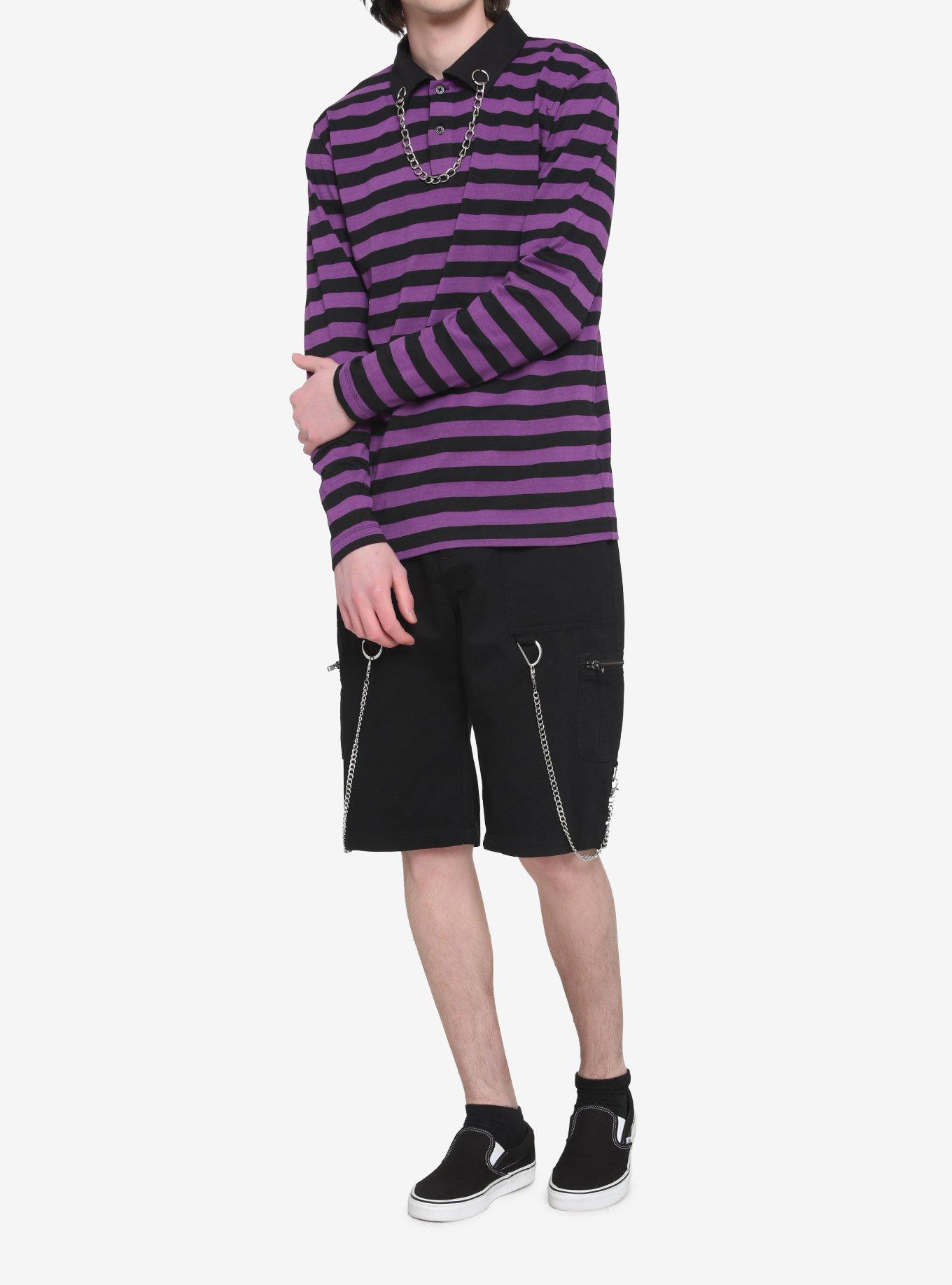 Purple & Black Stripe Chain Collar Long-Sleeve Polo Shirt, BLACK  PURPLE, alternate