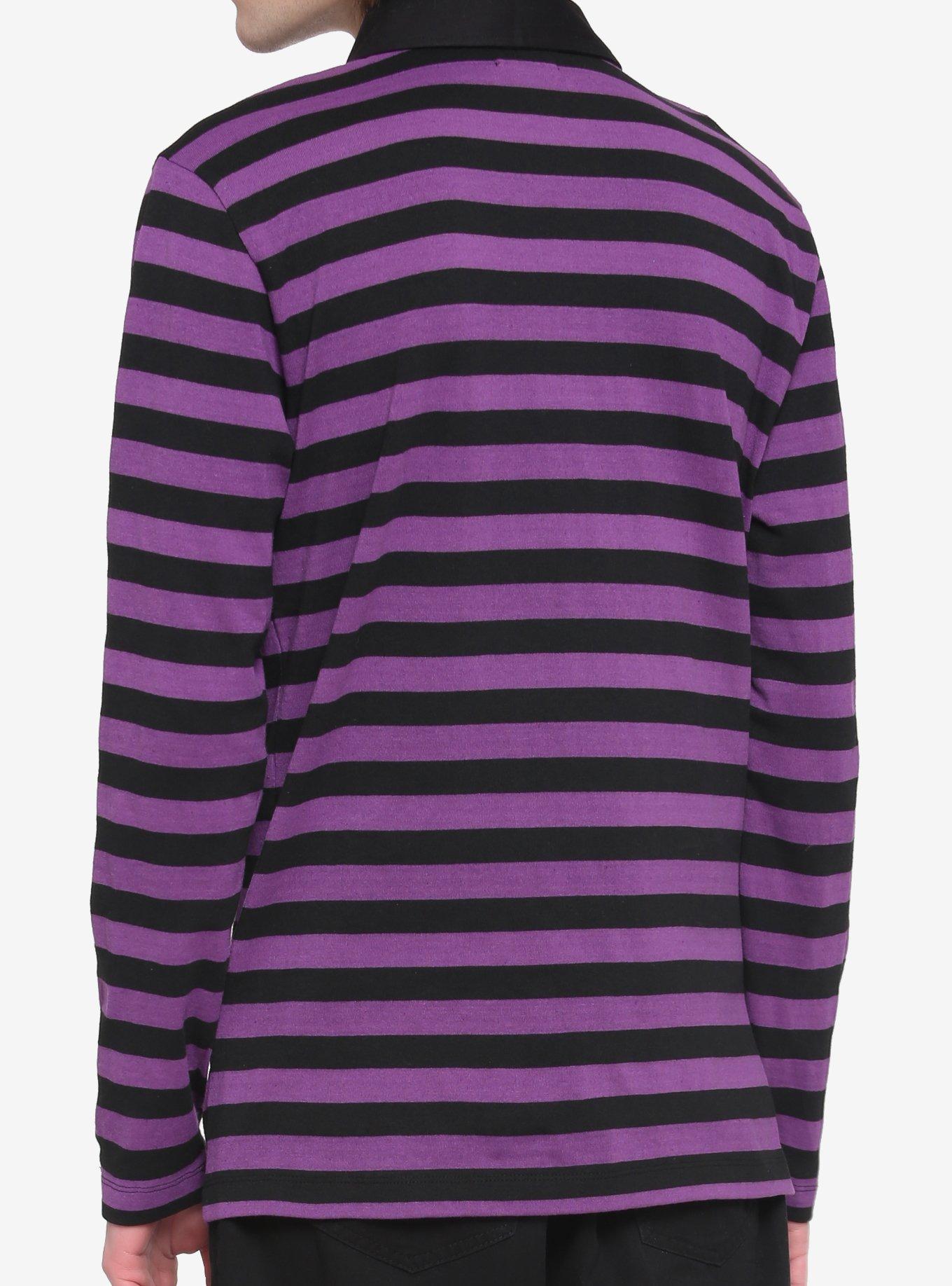 Purple & Black Stripe Chain Collar Long-Sleeve Polo Shirt, BLACK  PURPLE, alternate