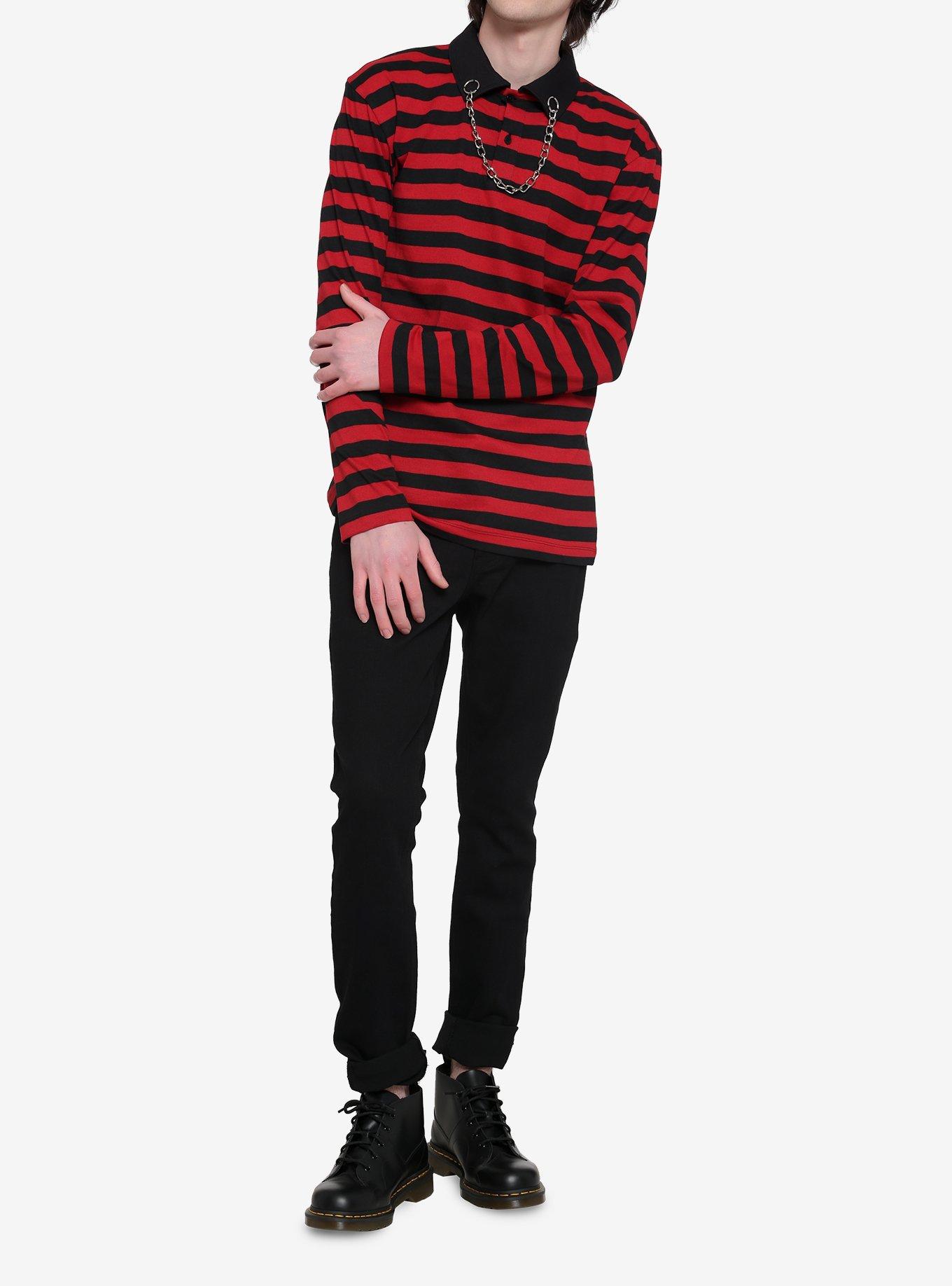 Red & Black Stripe Chain Collar Long-Sleeve Polo Shirt, BLACK  RED, alternate