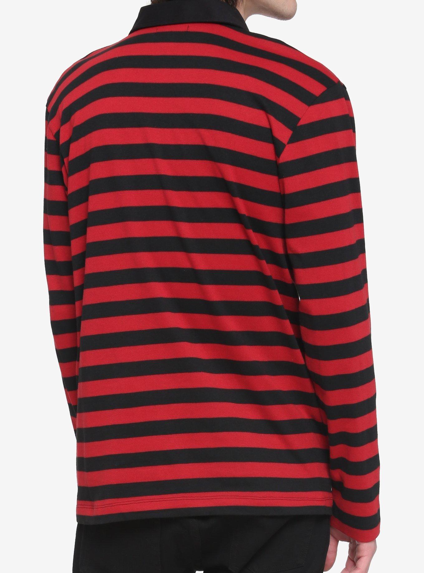 Red & Black Stripe Chain Collar Long-Sleeve Polo Shirt, BLACK  RED, alternate