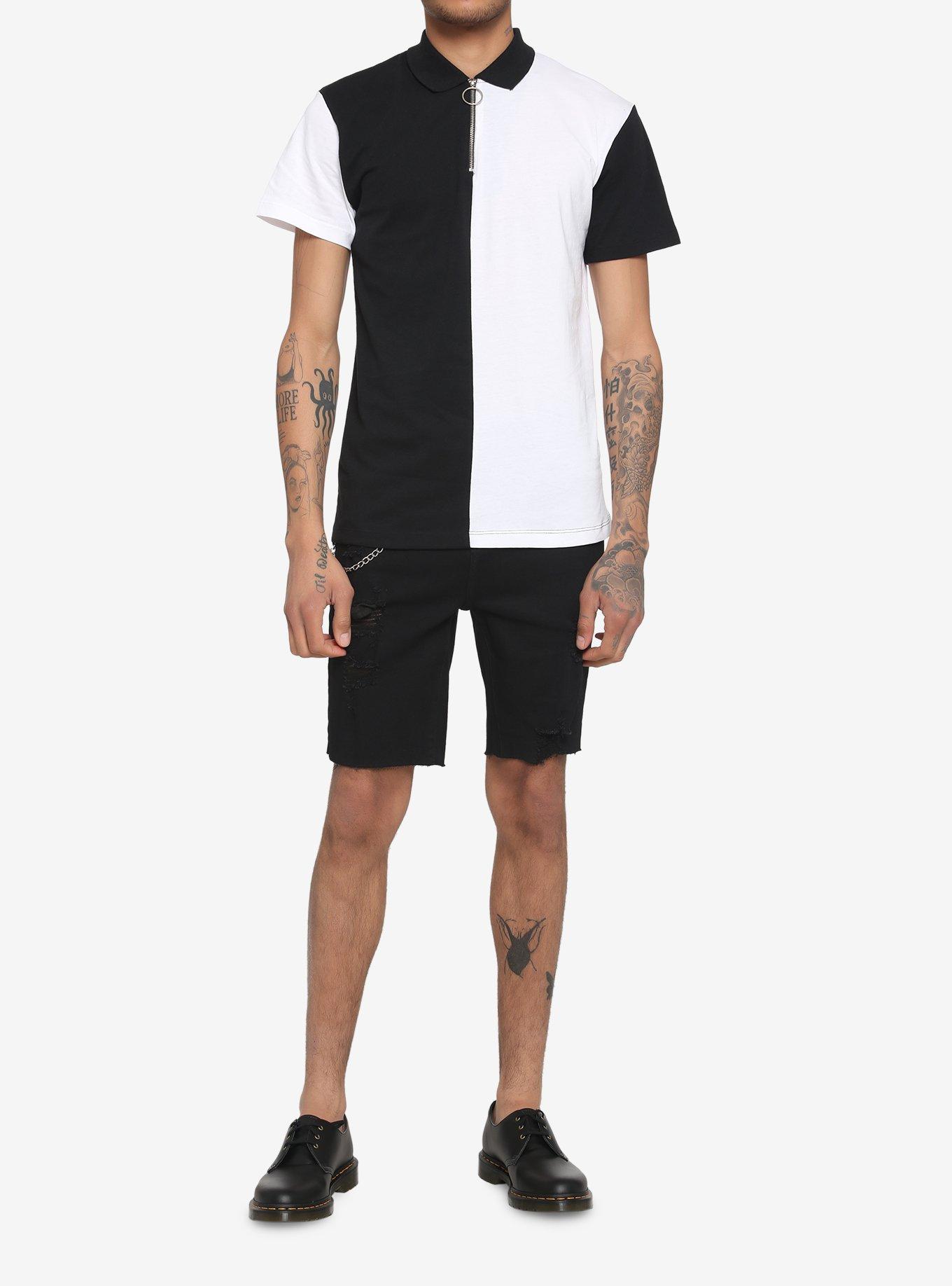 Black & White Color-Block Polo Shirt, BLACK  GREEN, alternate