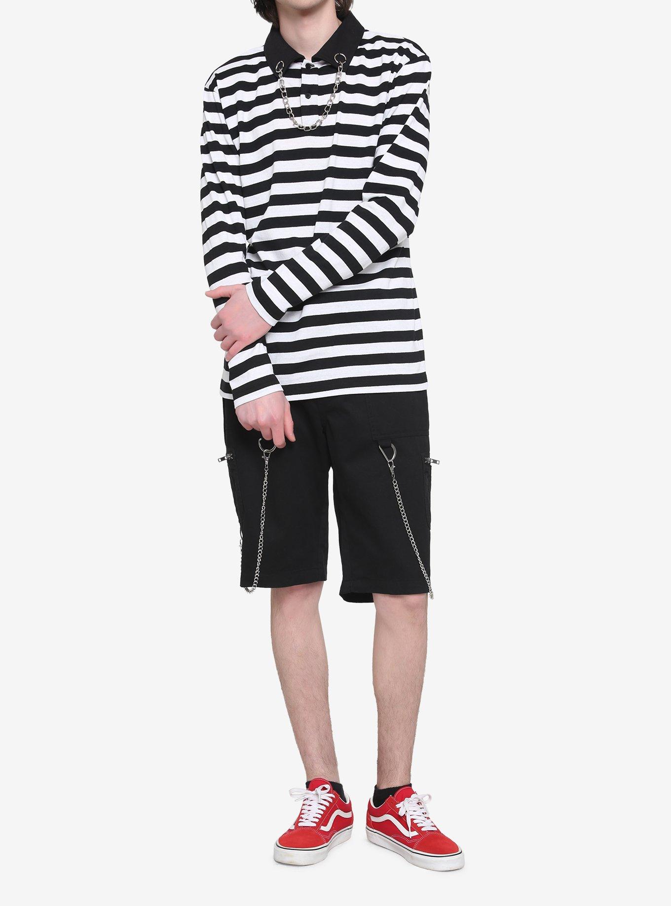 White & Black Stripe Chain Collar Long-Sleeve Polo Shirt, BLACK  WHITE, alternate