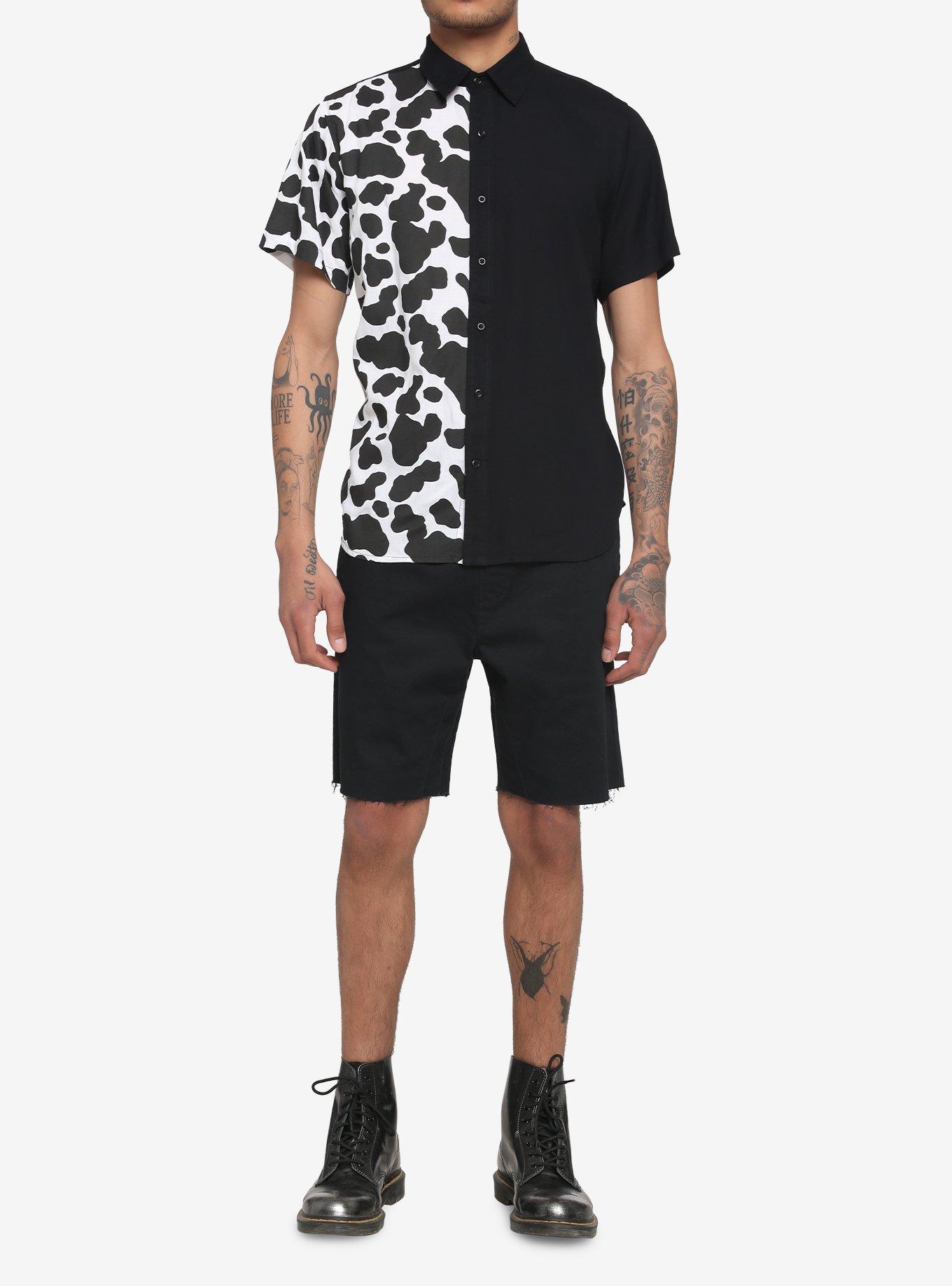 Cow Print Split Woven Button-Up, BLACK  WHITE, alternate