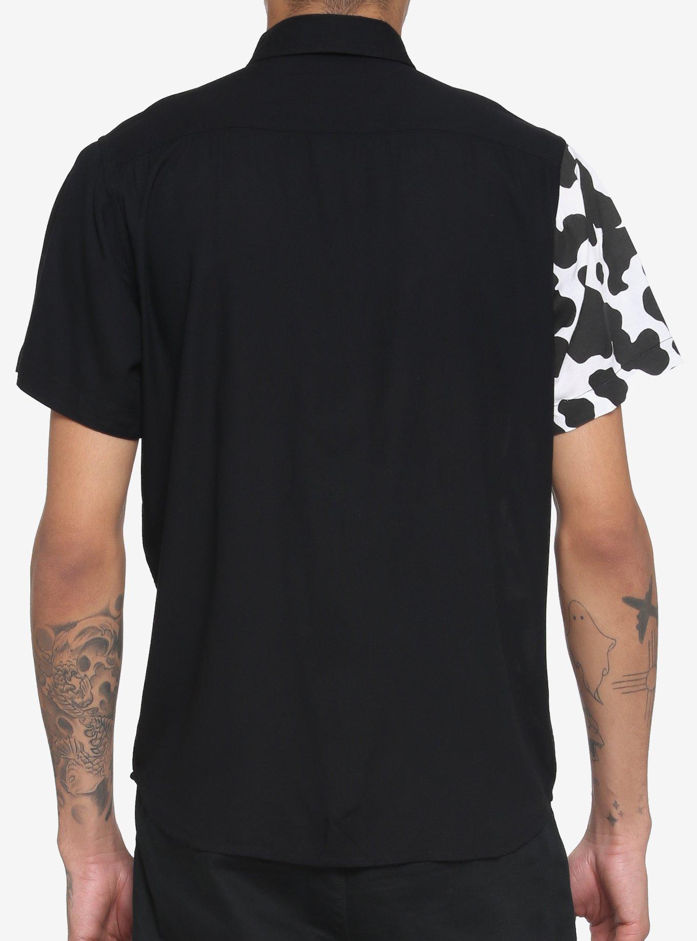 Cow Print Split Woven Button-Up, BLACK  WHITE, alternate