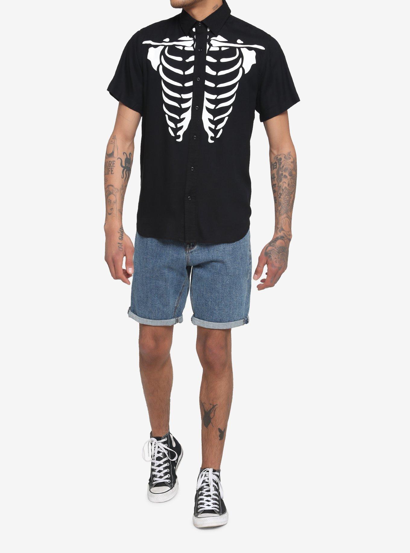 Skeleton Rib Cage Woven Button-Up, BLACK  WHITE, alternate