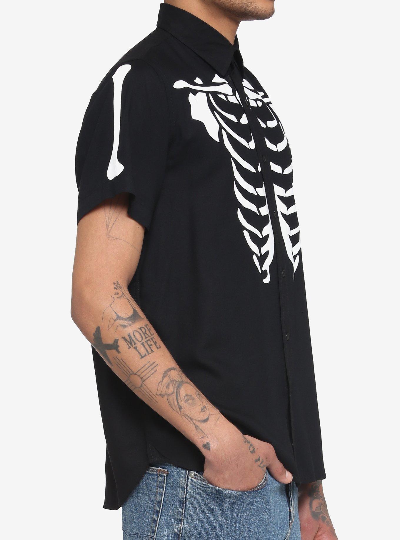 Skeleton Rib Cage Woven Button-Up, BLACK  WHITE, alternate