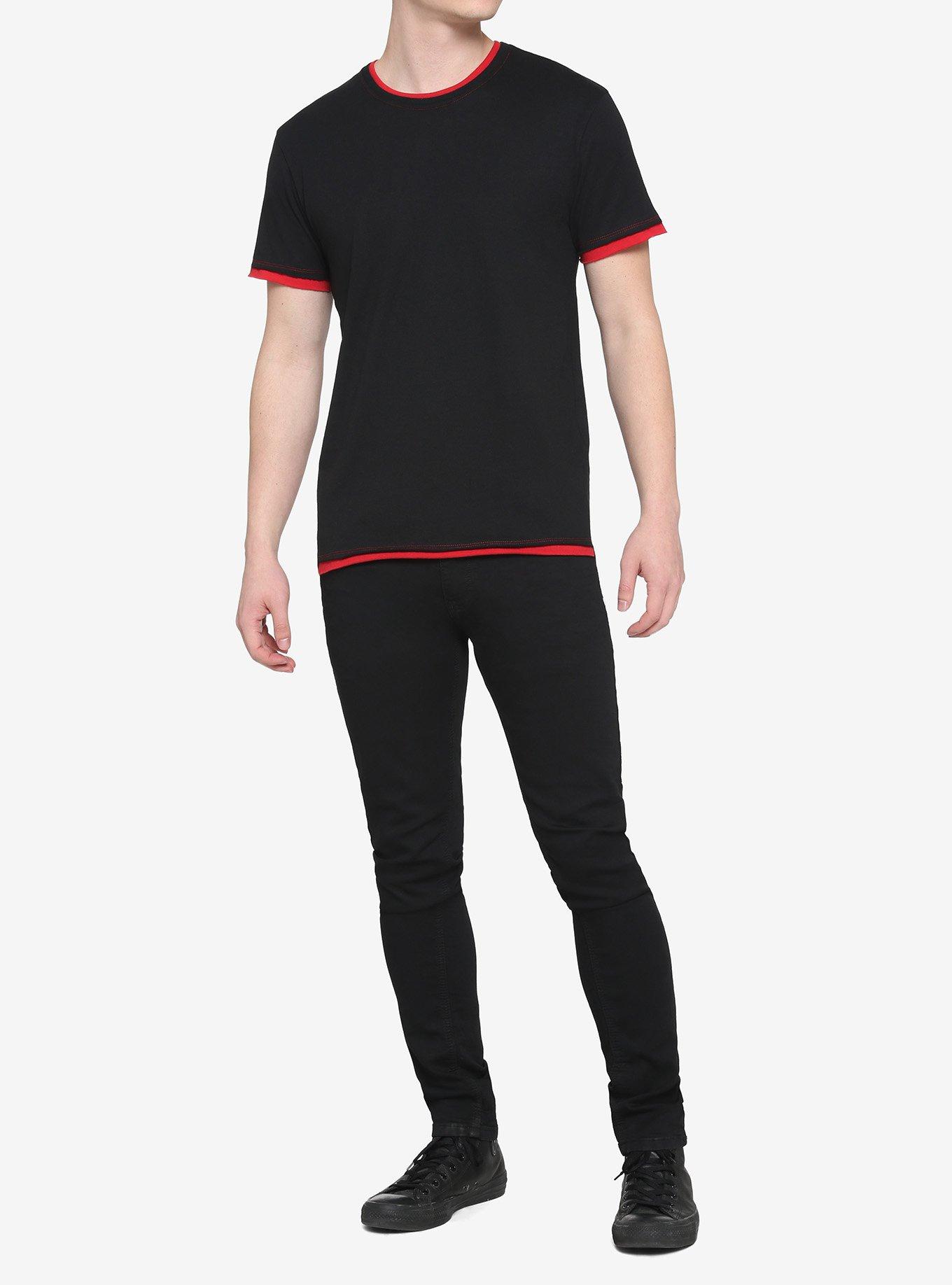 Black & Red Contrast Stitch T-Shirt, BLACK  RED, alternate