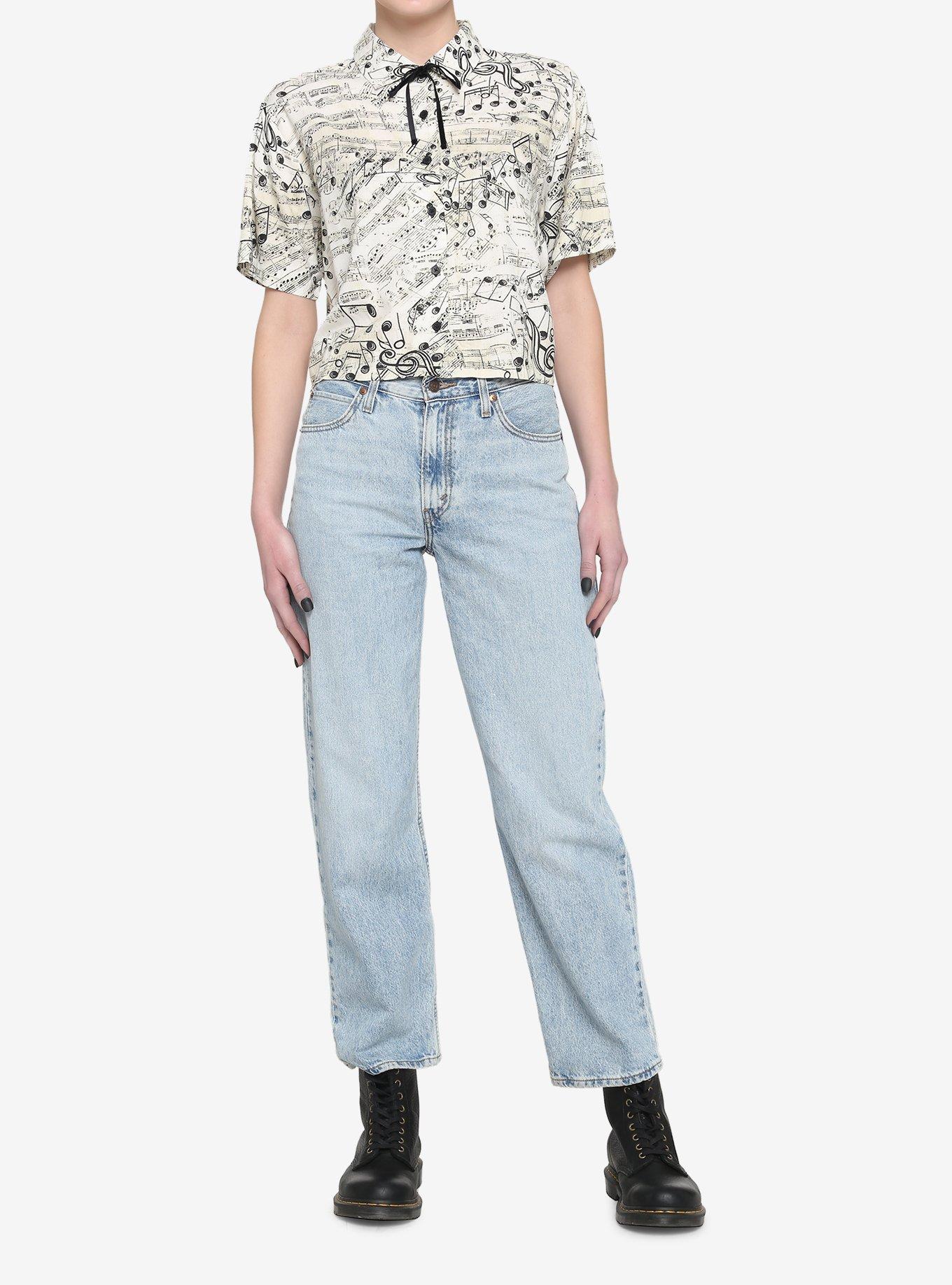 Music Notes Boxy Girls Crop Woven Button-Up, , hi-res