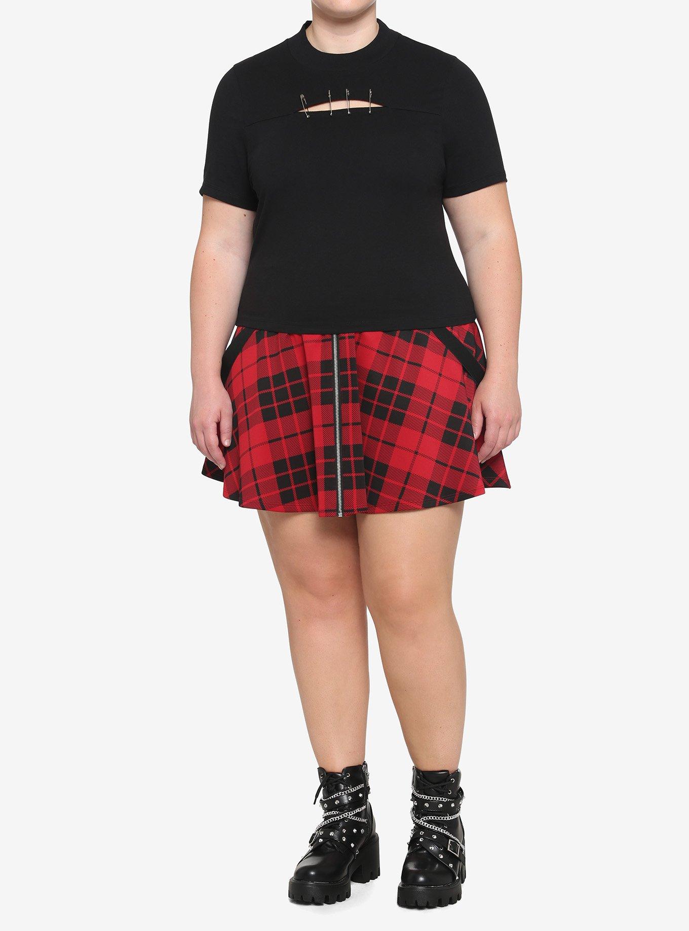 Black Cut-Out Safety Pin Girls T-Shirt Plus Size, BLACK, alternate