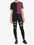 Black & Pink Stripe Split Boxy Girls Crop T-Shirt, STRIPES, alternate