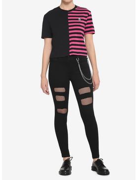 Black & Pink Stripe Split Boxy Girls Crop T-Shirt, , hi-res