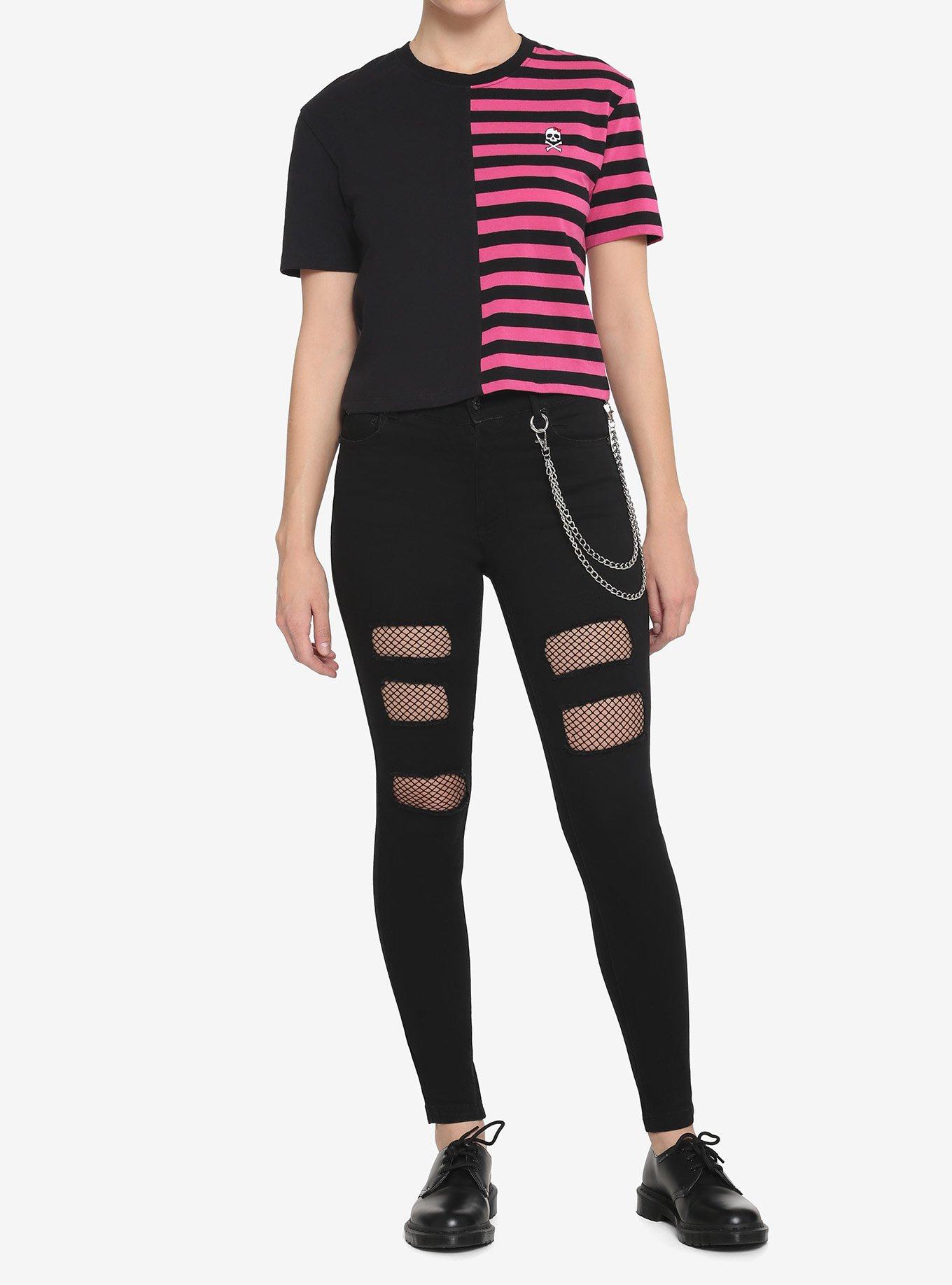 Black & Pink Stripe Split Boxy Girls Crop T-Shirt, STRIPES, alternate