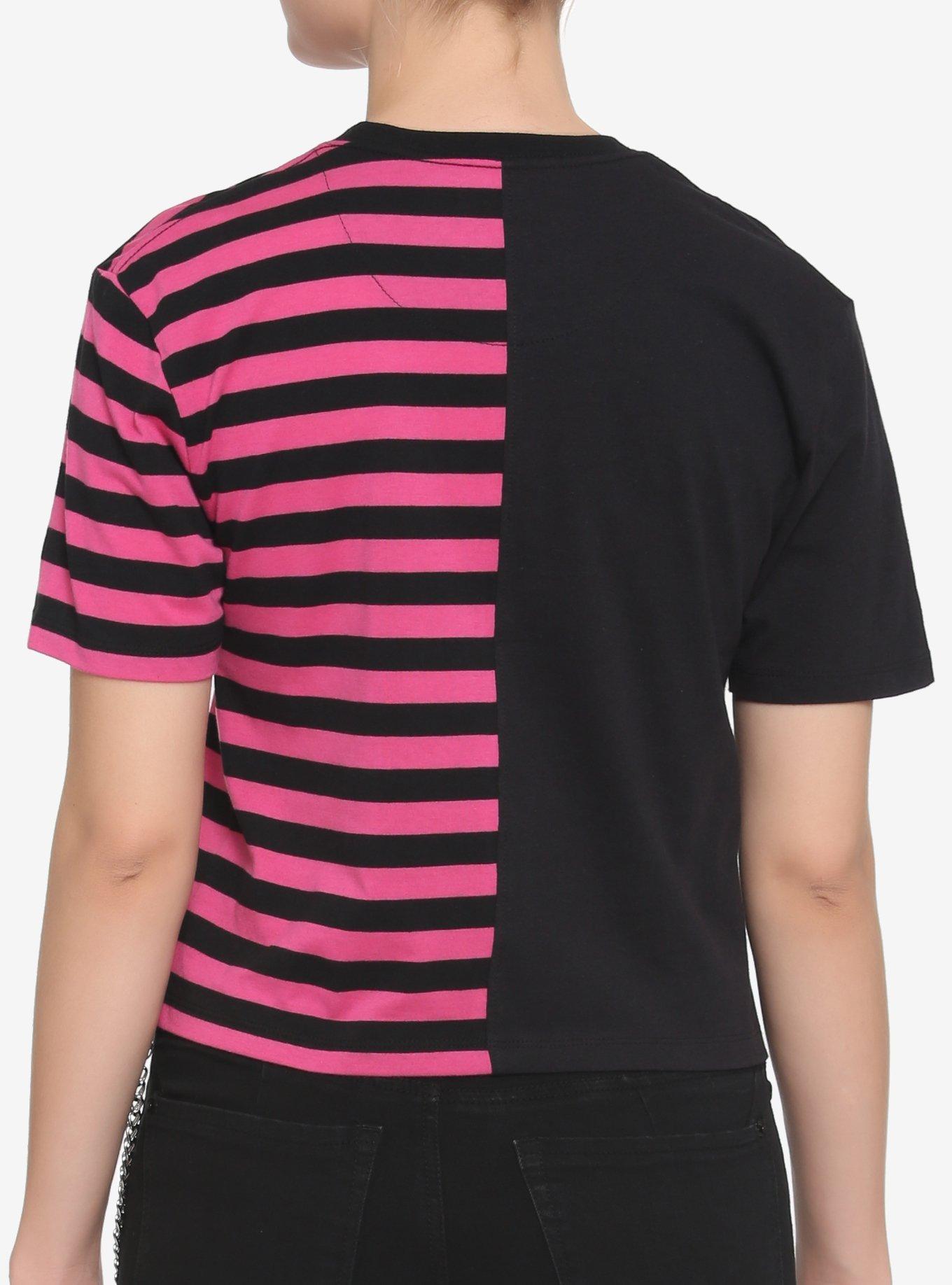 Black & Pink Stripe Split Boxy Girls Crop T-Shirt, STRIPES, alternate