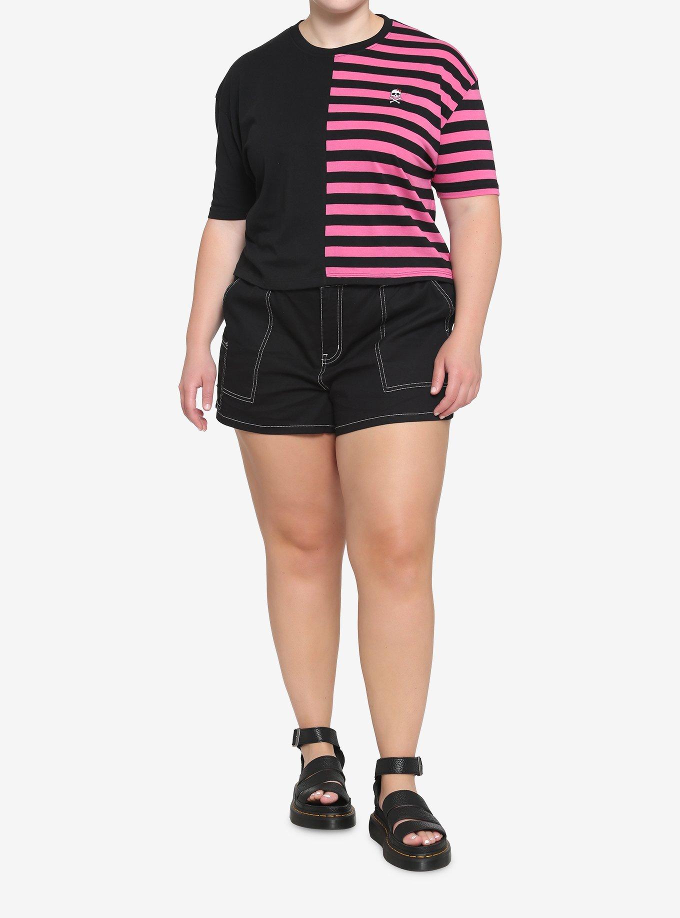 Black & Pink Stripe Split Girls Boxy Crop T-Shirt Plus Size, , hi-res