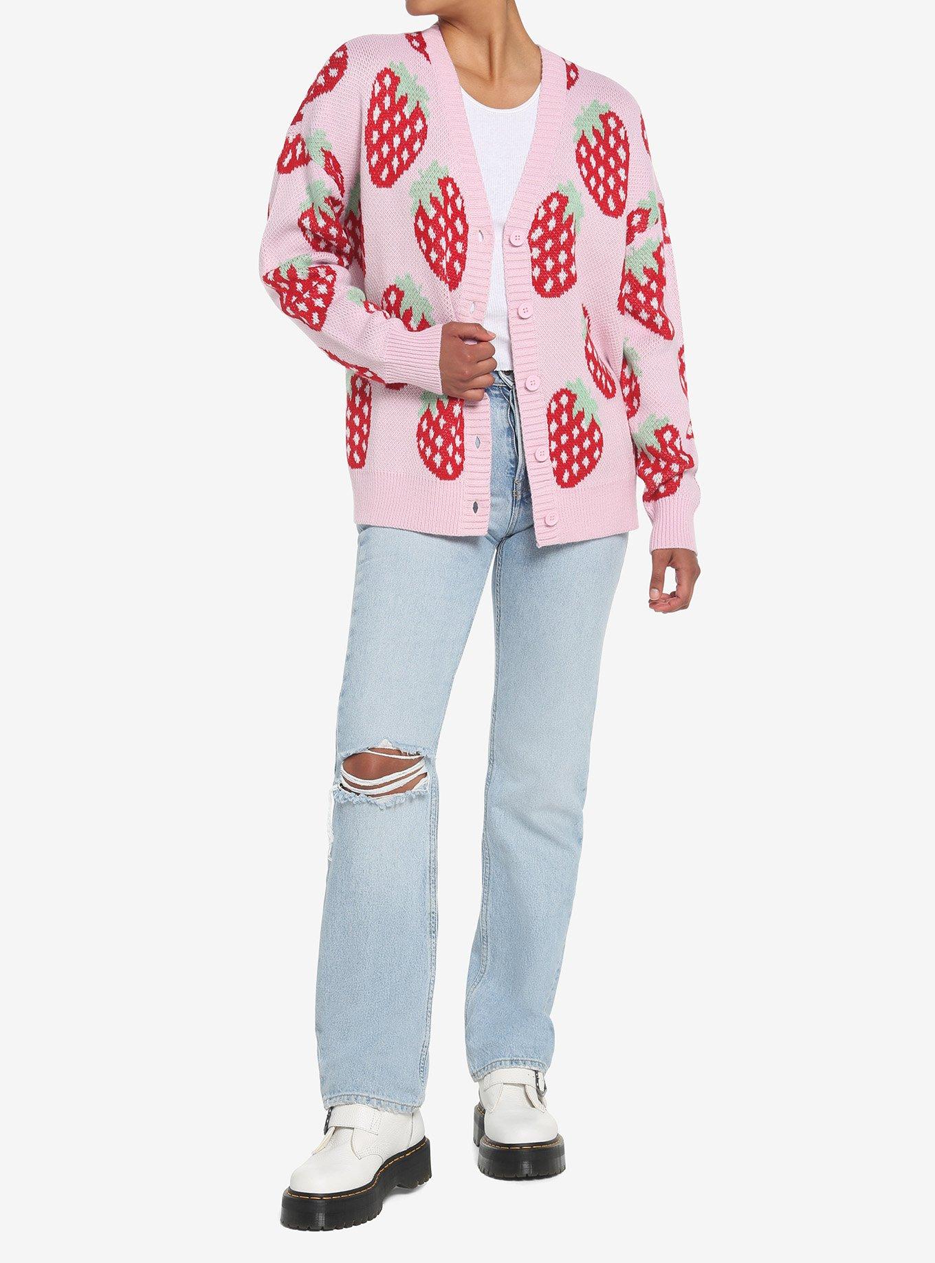 Pink Strawberry Button-Front Girls Cardigan, PINK, alternate