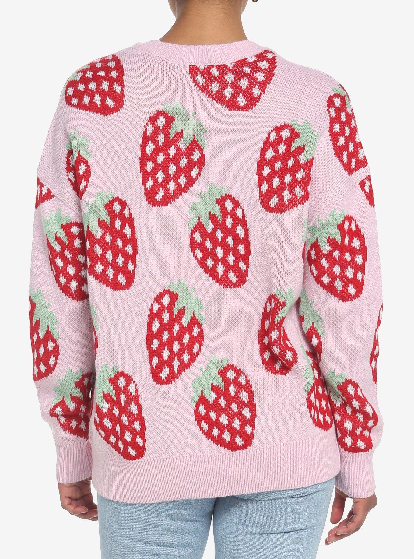 Pink Strawberry Button-Front Girls Cardigan, PINK, alternate