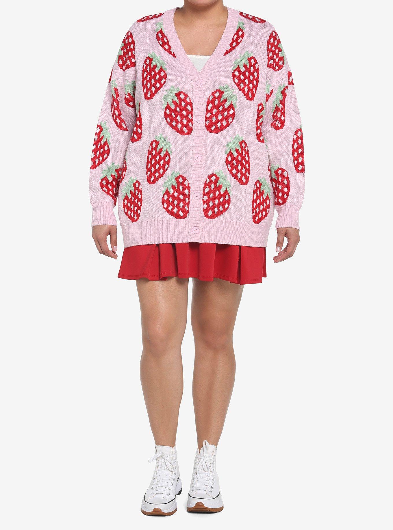 Pink Strawberry Button-Front Girls Cardigan Plus Size, PINK, alternate