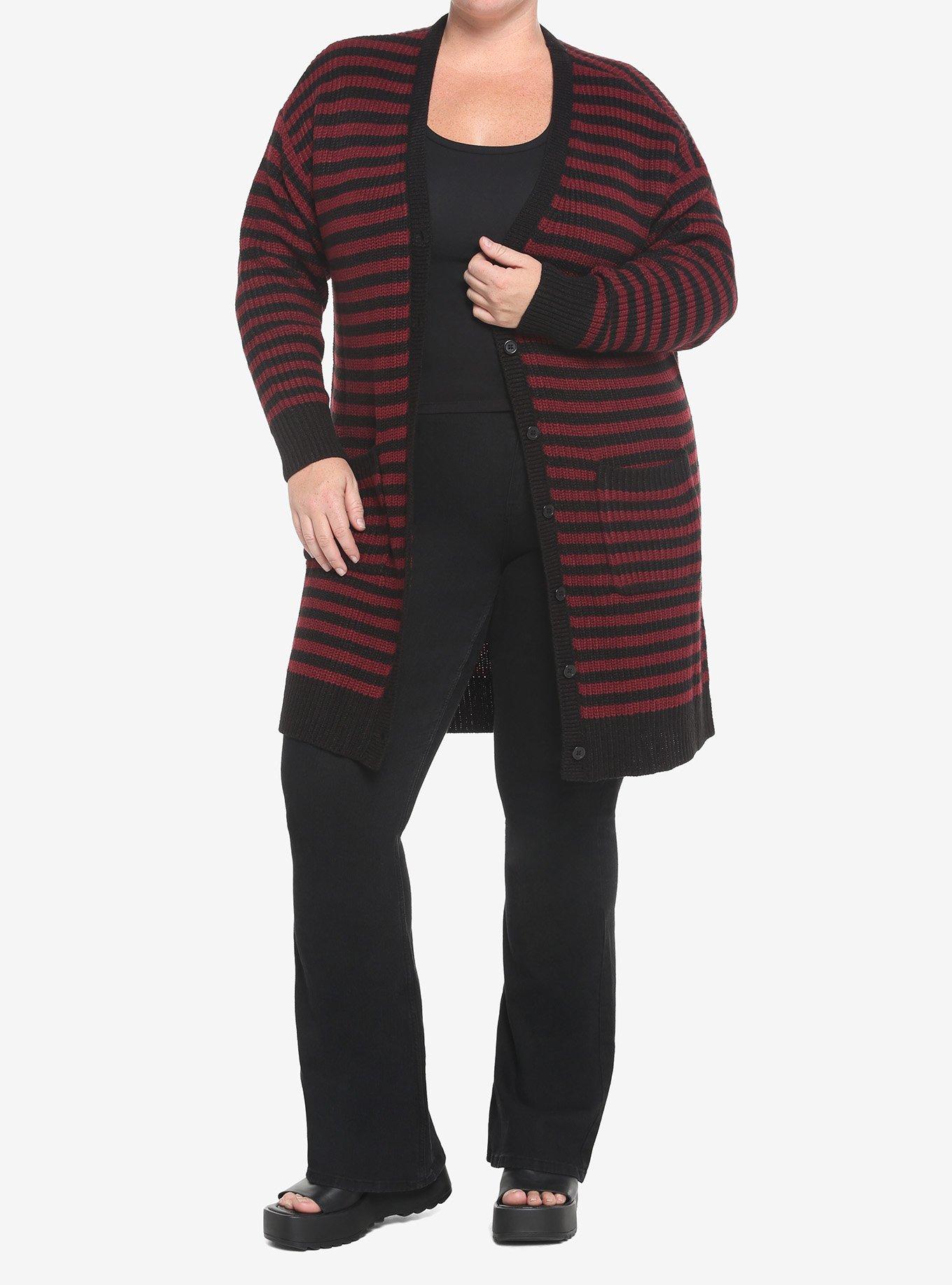Black & Red Stripe Girls Cardigan Plus Size, STRIPES - RED, alternate