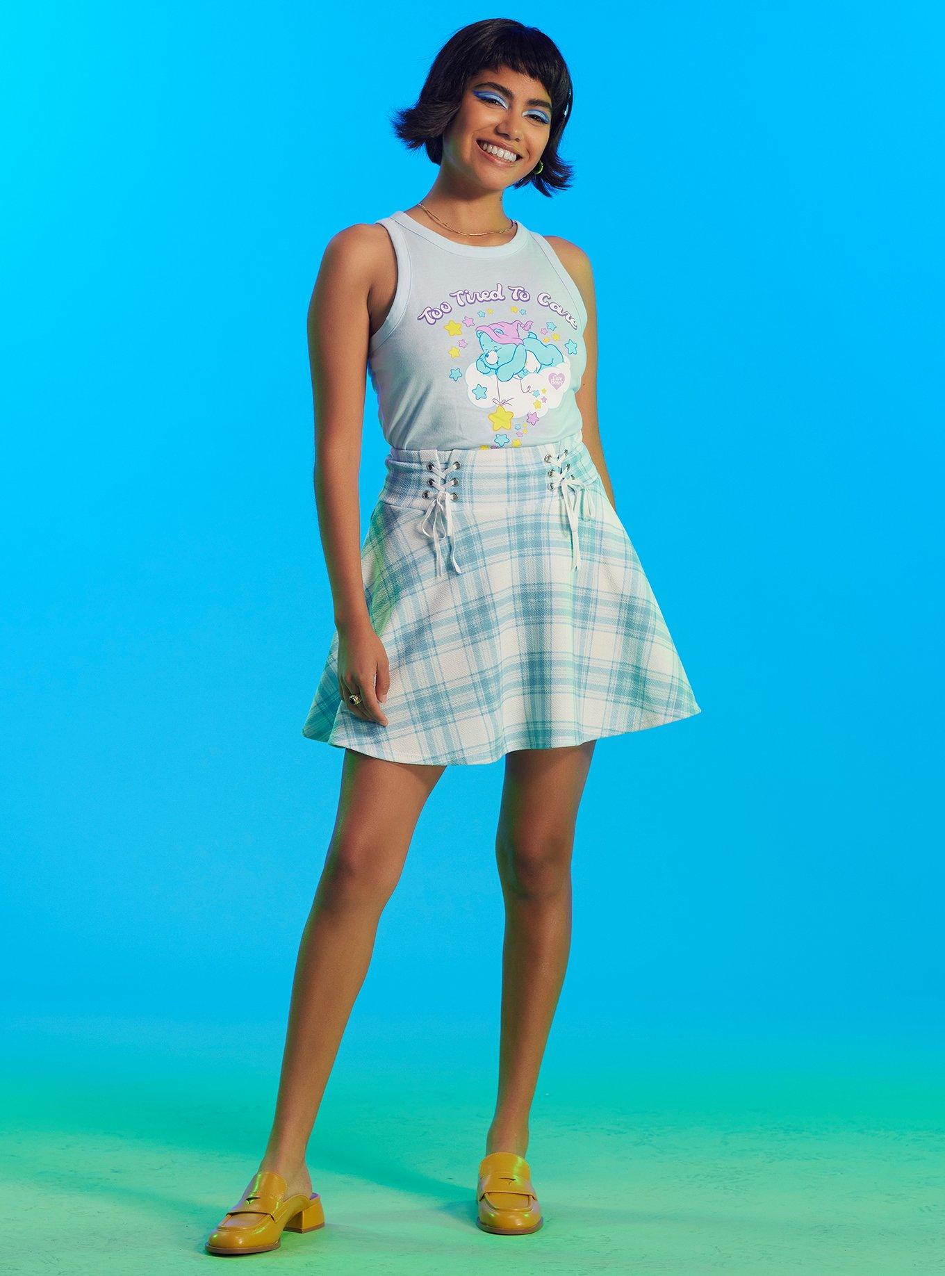 Blue & White Plaid Double Lace-Up Skirt, PLAID - BLUE, alternate