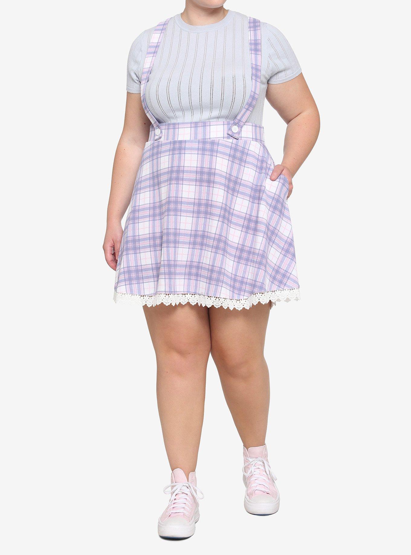 Pink & Purple Plaid Lace Suspender Skirt Plus Size, PLAID - BLUE, alternate