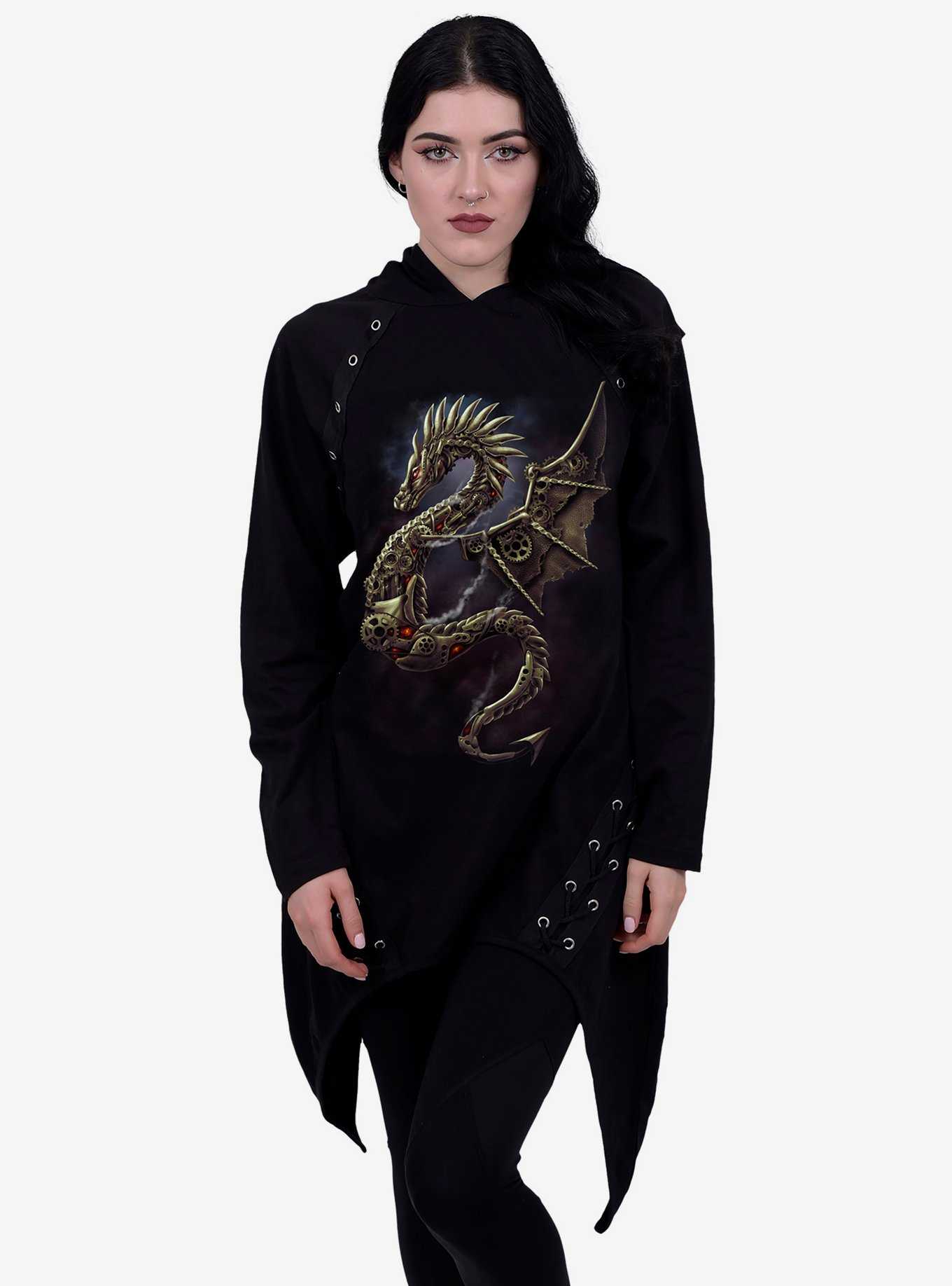 Dragon Cogs Lace Up Asymmetrical Hoodie, , hi-res