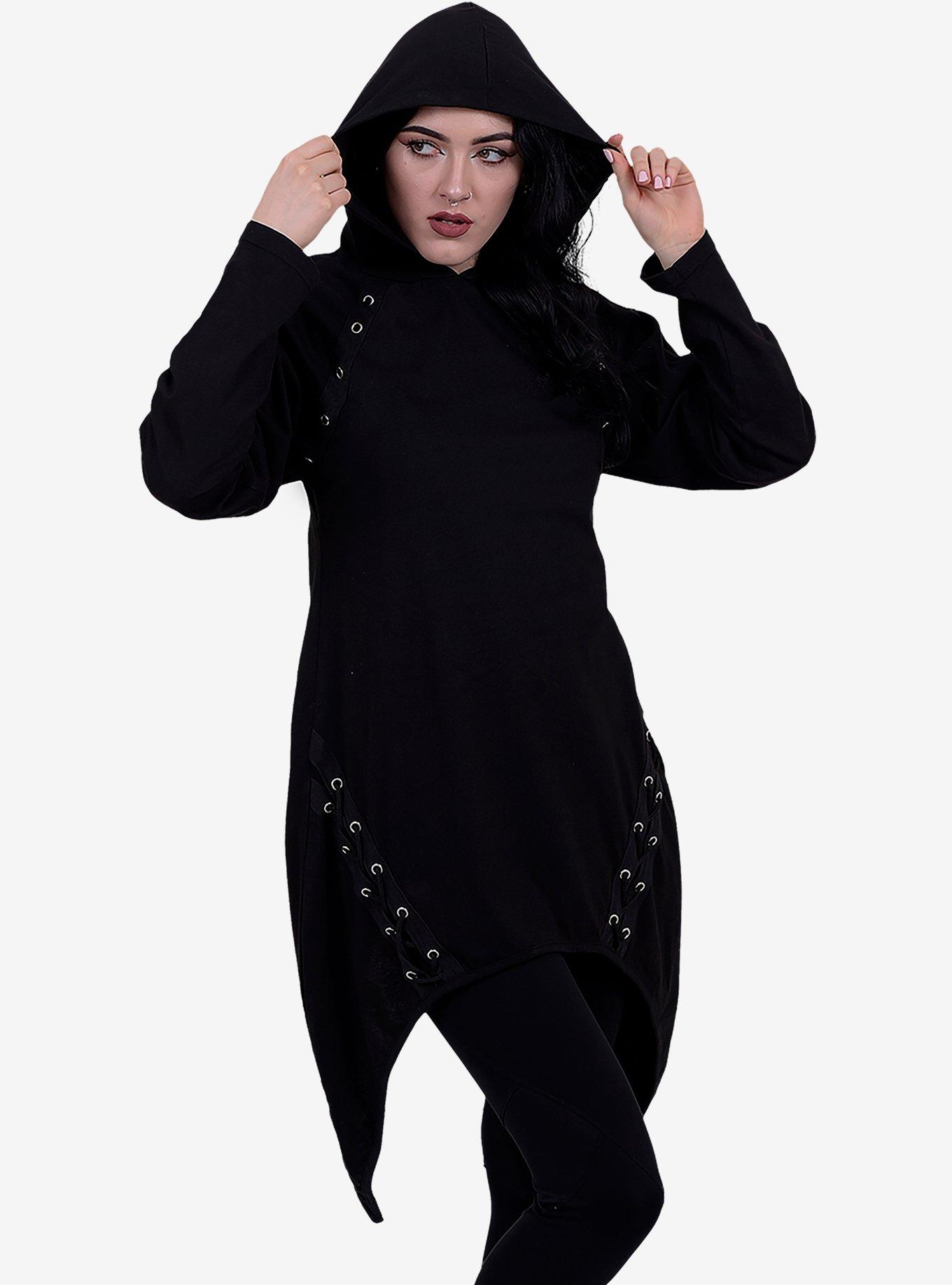 Metal Streetwear Lace Up Asymmetrical Hoodie, BLACK, alternate