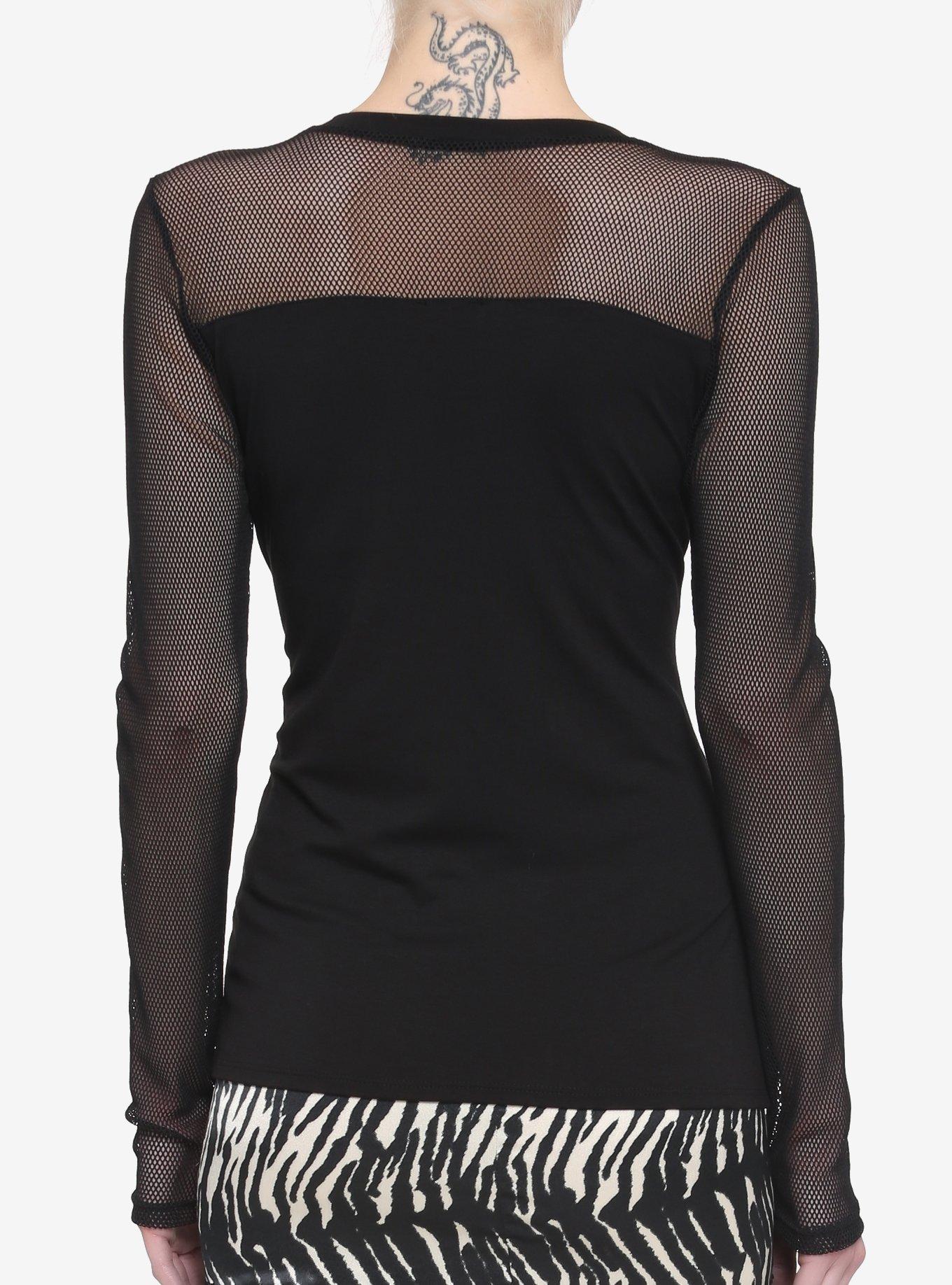 Black Mesh Sweetheart Neckline Girls Long-Sleeve Top, BLACK, alternate