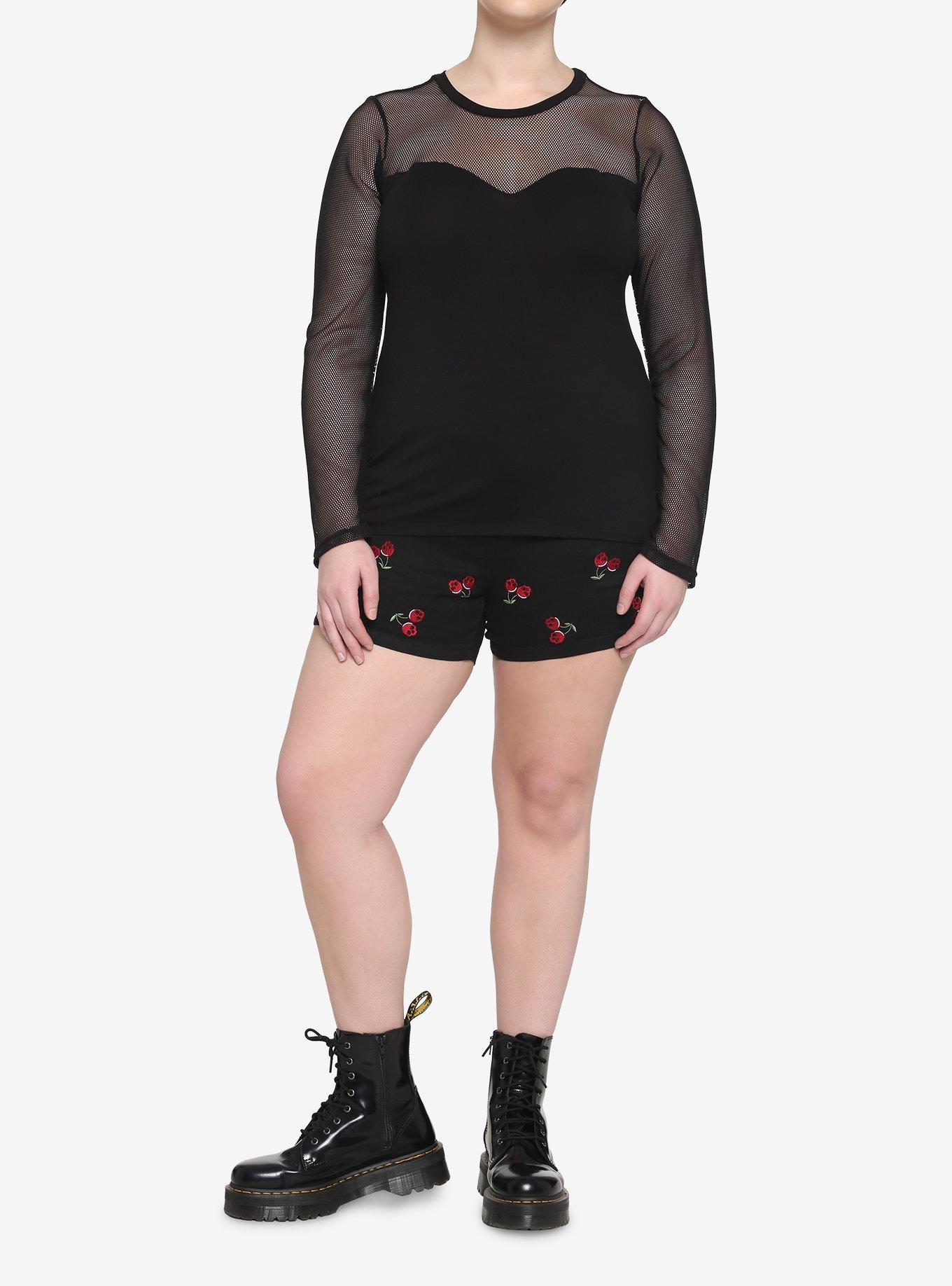 Black Mesh Sweetheart Neckline Girls Long-Sleeve Top Plus Size, BLACK, alternate