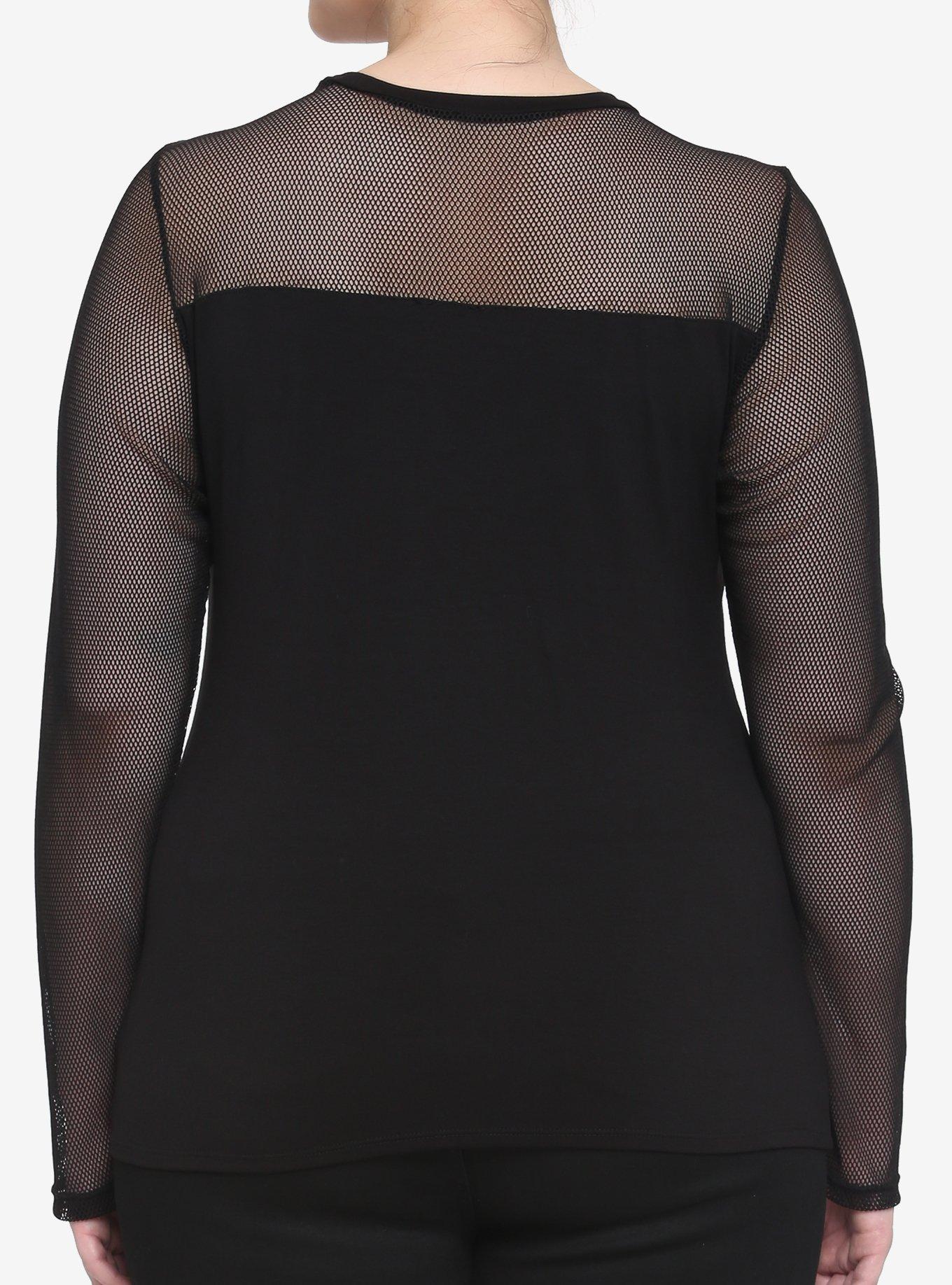 Black Mesh Sweetheart Neckline Girls Long-Sleeve Top Plus Size, BLACK, alternate