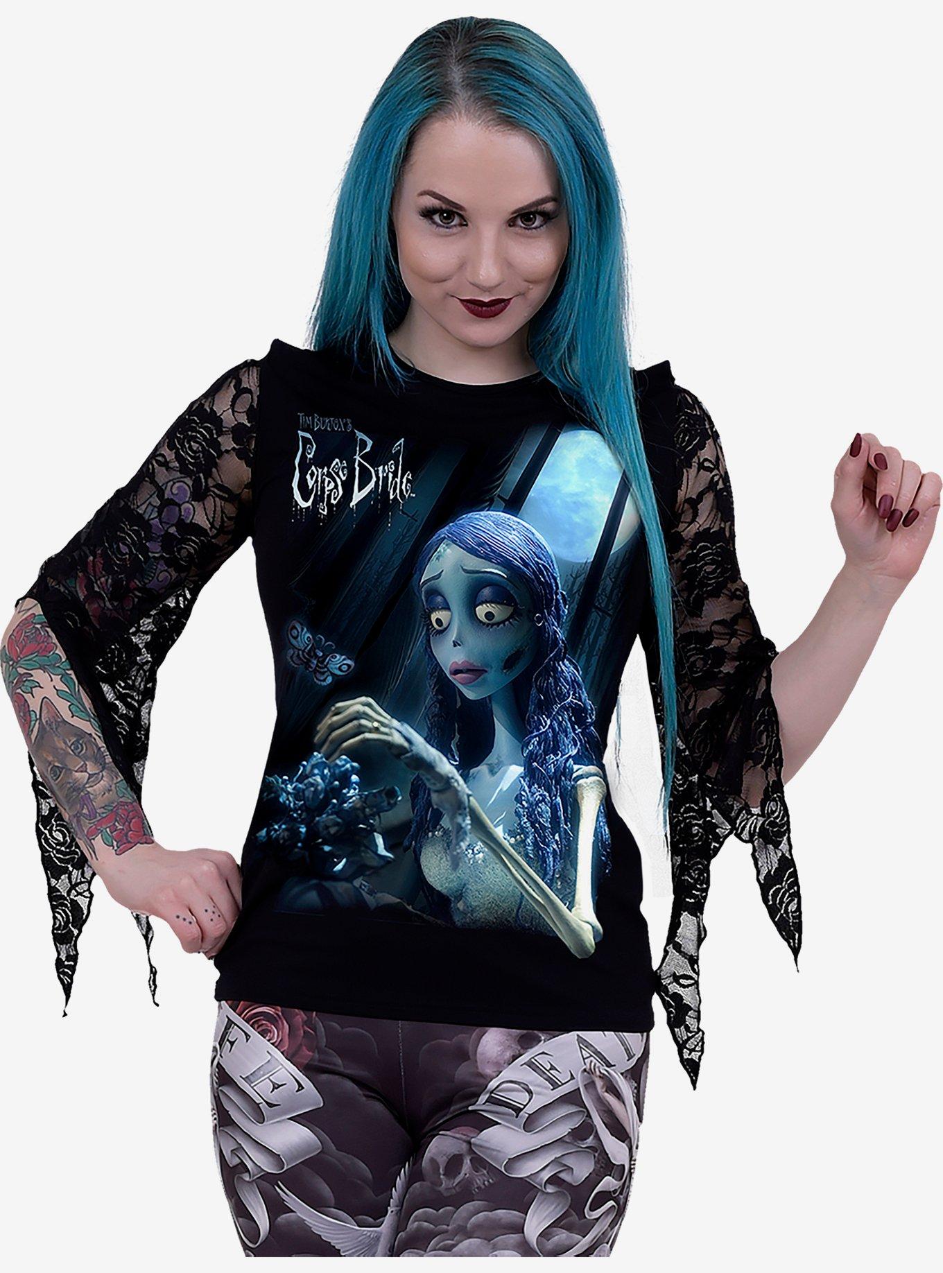 Corpse Bride Glow In The Dark Lace Sleeve Top, BLACK, alternate