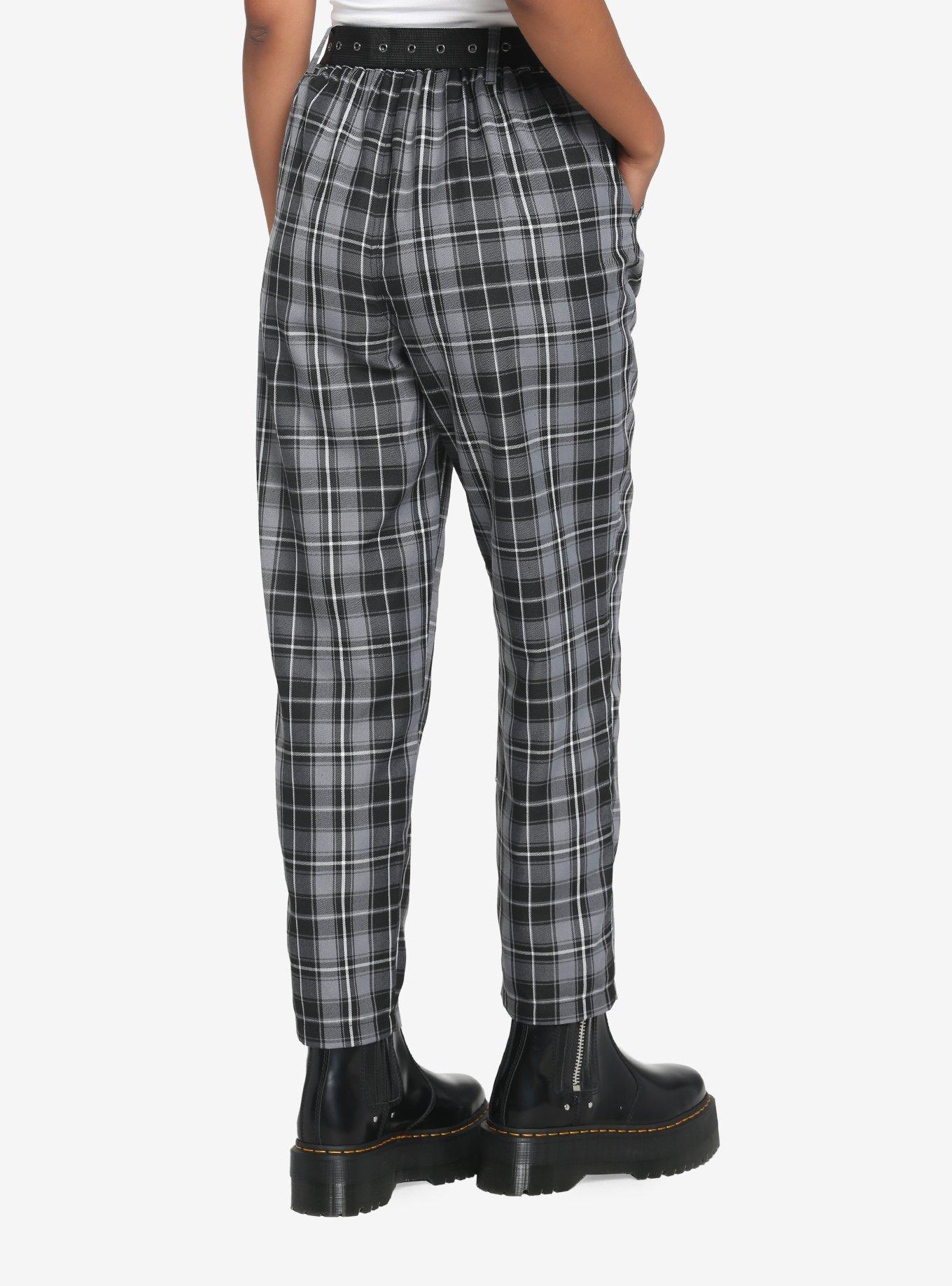 Black & Gray Plaid Pants With Belt