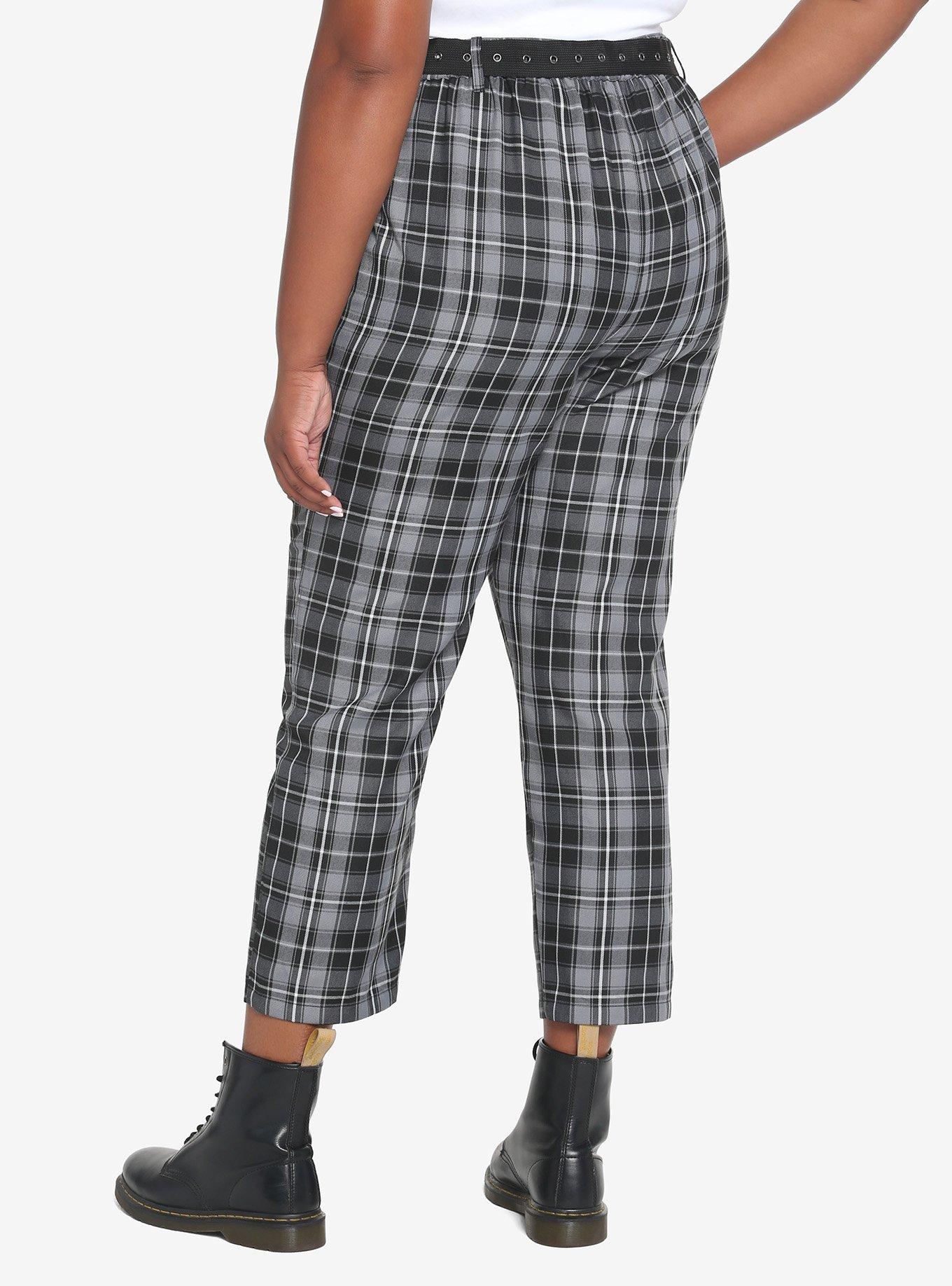 Black & Gray Plaid Pants With Belt Plus Size, BLACK  WHITE, alternate