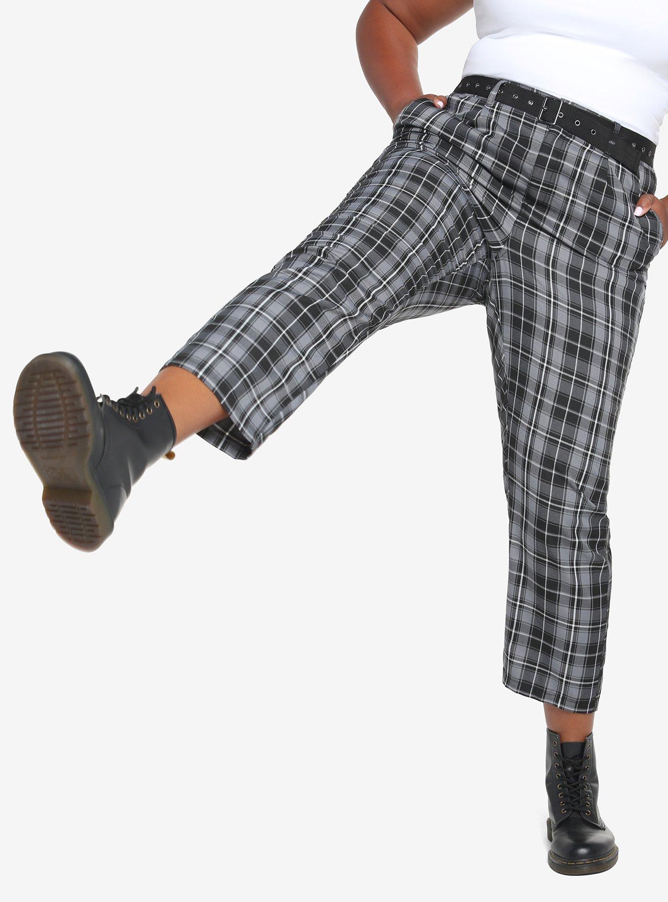 Black & Gray Plaid Pants With Belt Plus Size, BLACK  WHITE, alternate