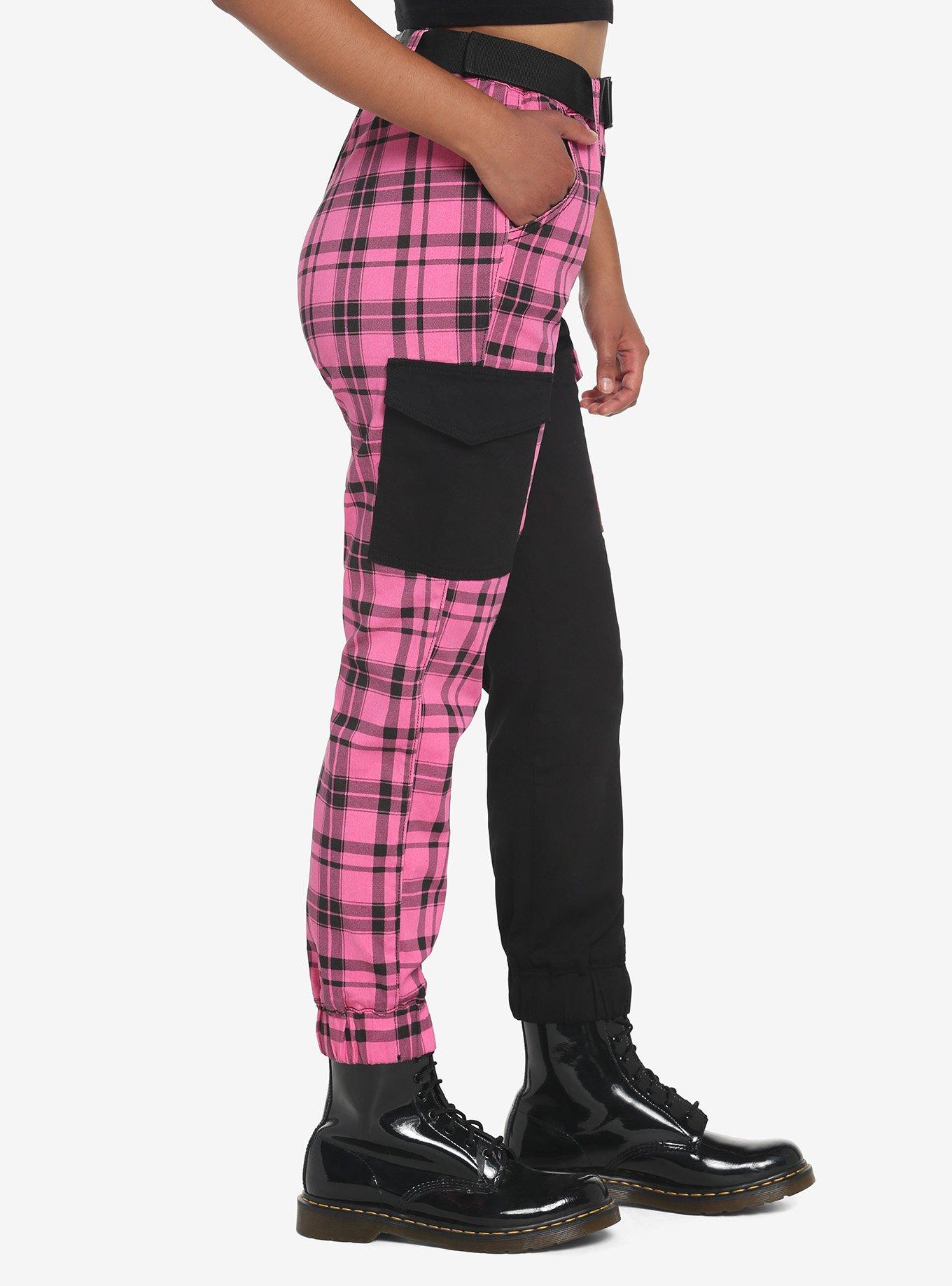 Pink Plaid Split Jogger Pants