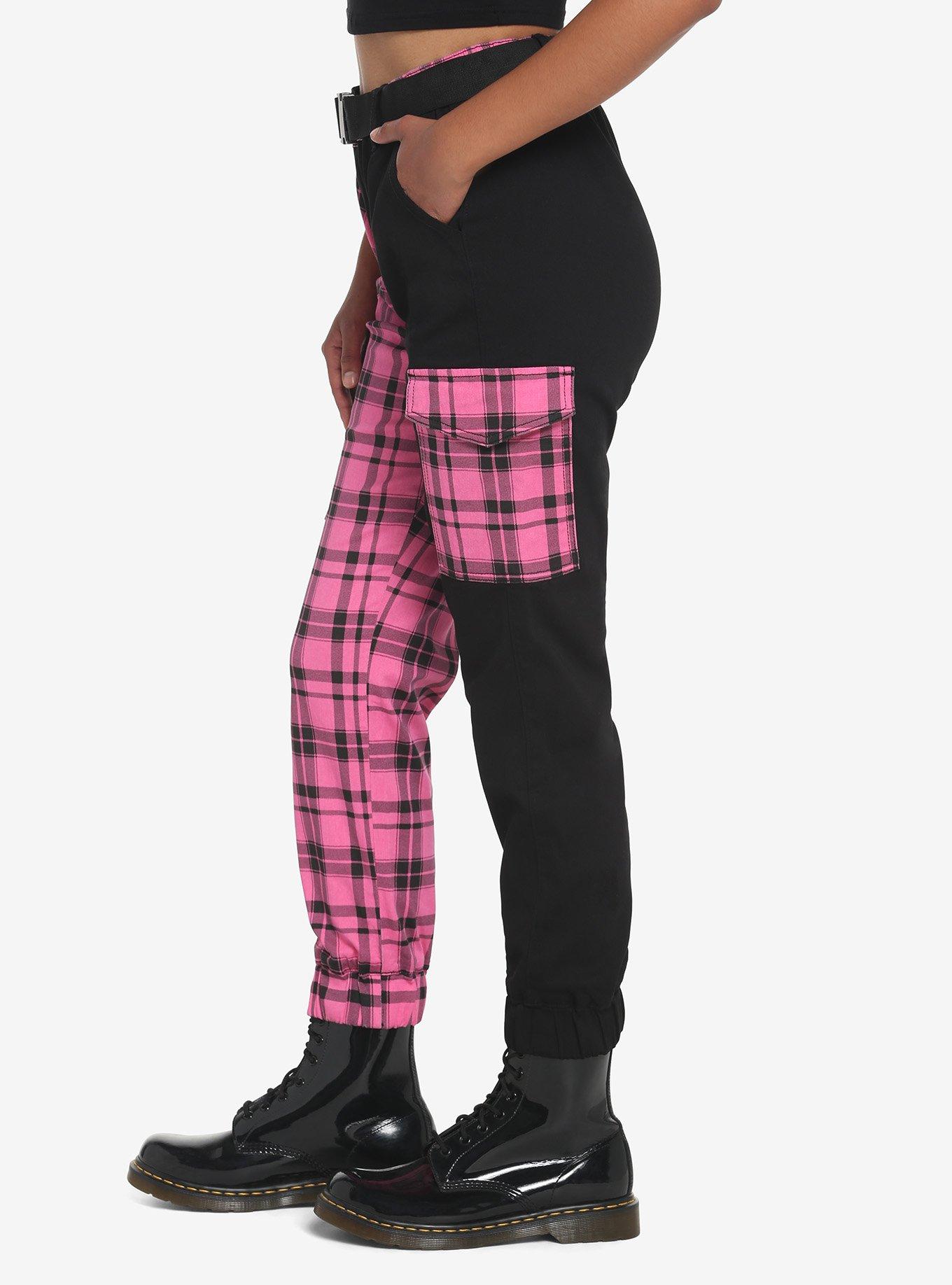 Pink Plaid Split Jogger Pants, PINK, alternate