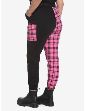Pink Plaid Split Jogger Pants Plus Size, , hi-res