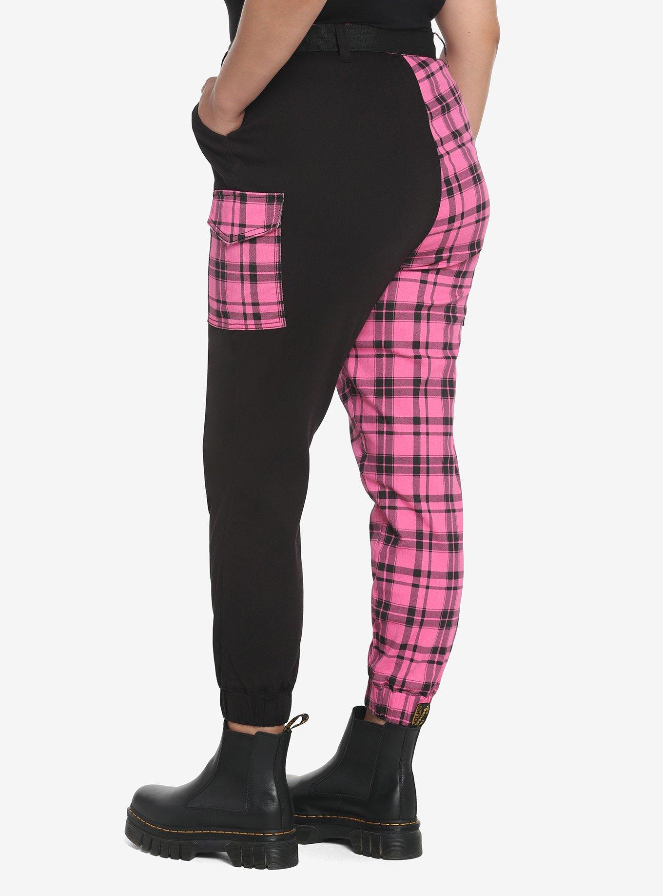 Pink Plaid Split Jogger Pants Plus Size, , hi-res
