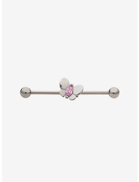 Steel Silver Crystal Butterfly Industrial Barbell, , hi-res