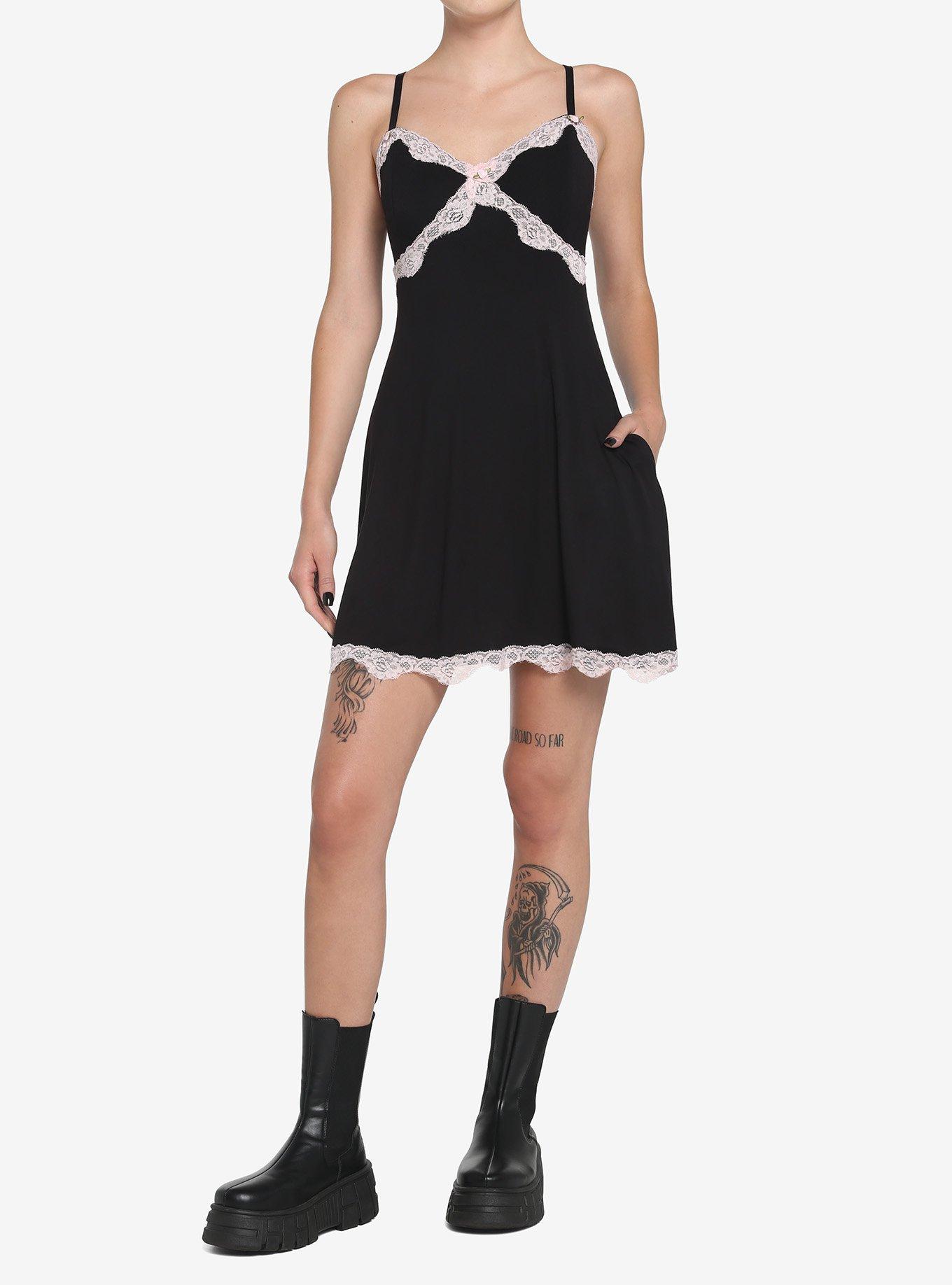 Pink Lace Trim Slip Dress, BLACK, alternate