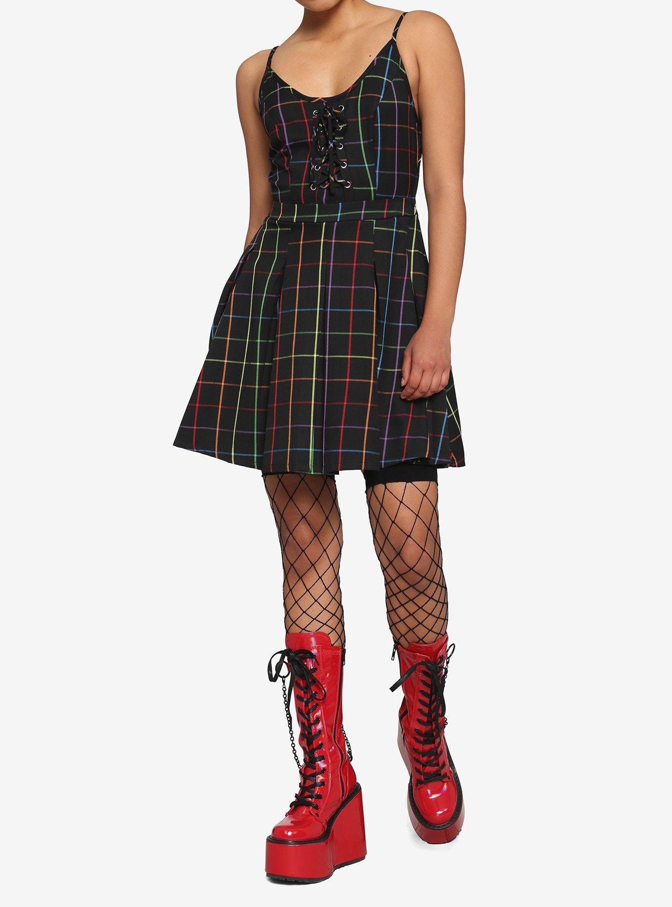 Rainbow Grid Lace-Up Dress, PLAID-RAINBOW, alternate